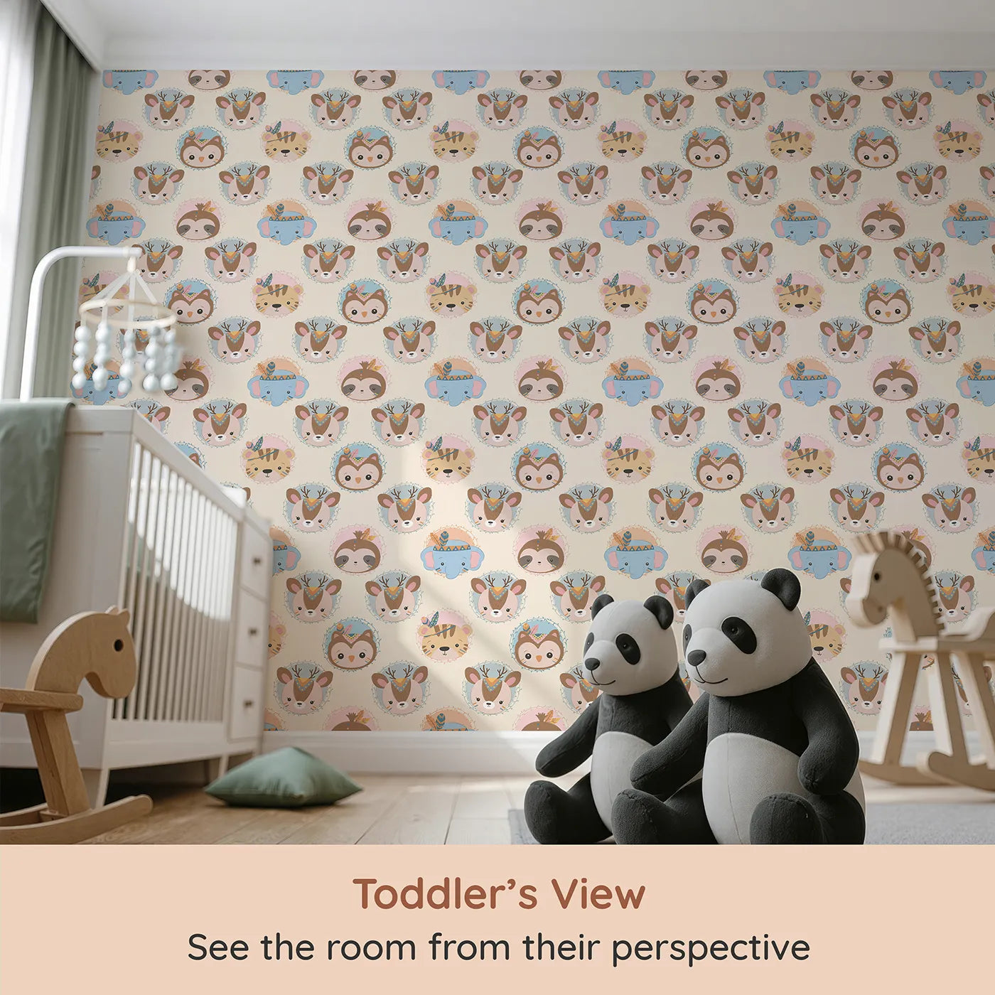 Whimsy Tots Woodland Royalty Parade Wallpaper in Cream (W3011B) from your child's view.Sweet woodland animals don royal headbands in this gentle parade of cuteness.