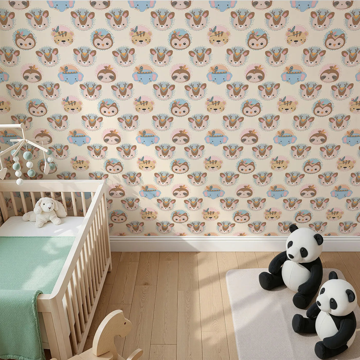 Top-Down view of Whimsy Tots' Woodland Royalty Parade Wallpaper in Cream (W3011B).Sweet woodland animals don royal headbands in this gentle parade of cuteness.