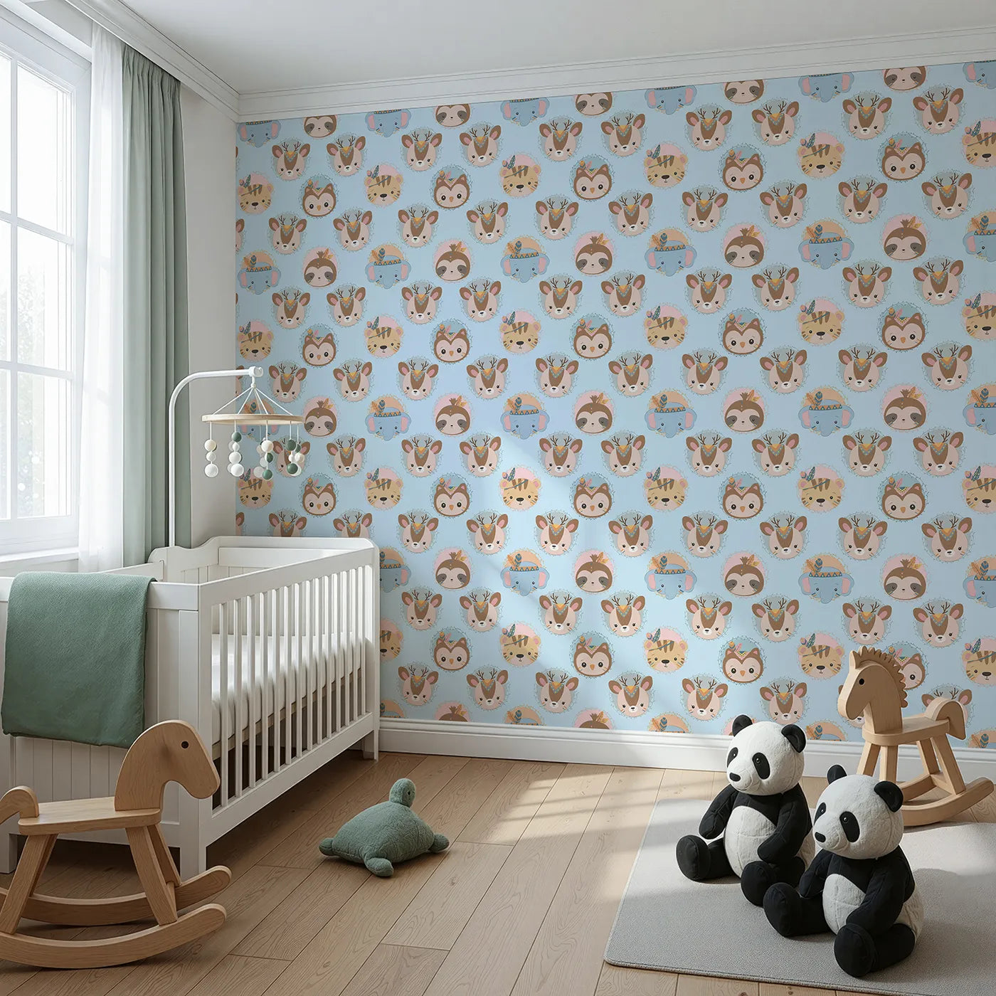 Angled view of Whimsy Tots' Woodland Royalty Parade Wallpaper in Blue (W3011D).Sweet woodland animals don royal headbands in this gentle parade of cuteness.