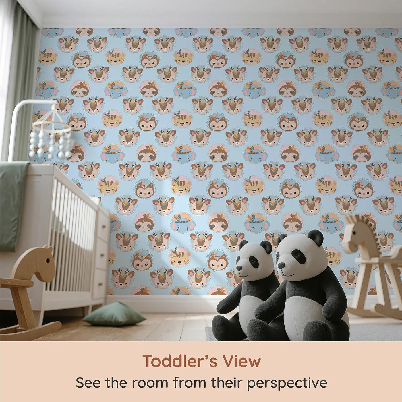 Whimsy Tots Woodland Royalty Parade Wallpaper in Blue (W3011D) from your child's view.Sweet woodland animals don royal headbands in this gentle parade of cuteness.
