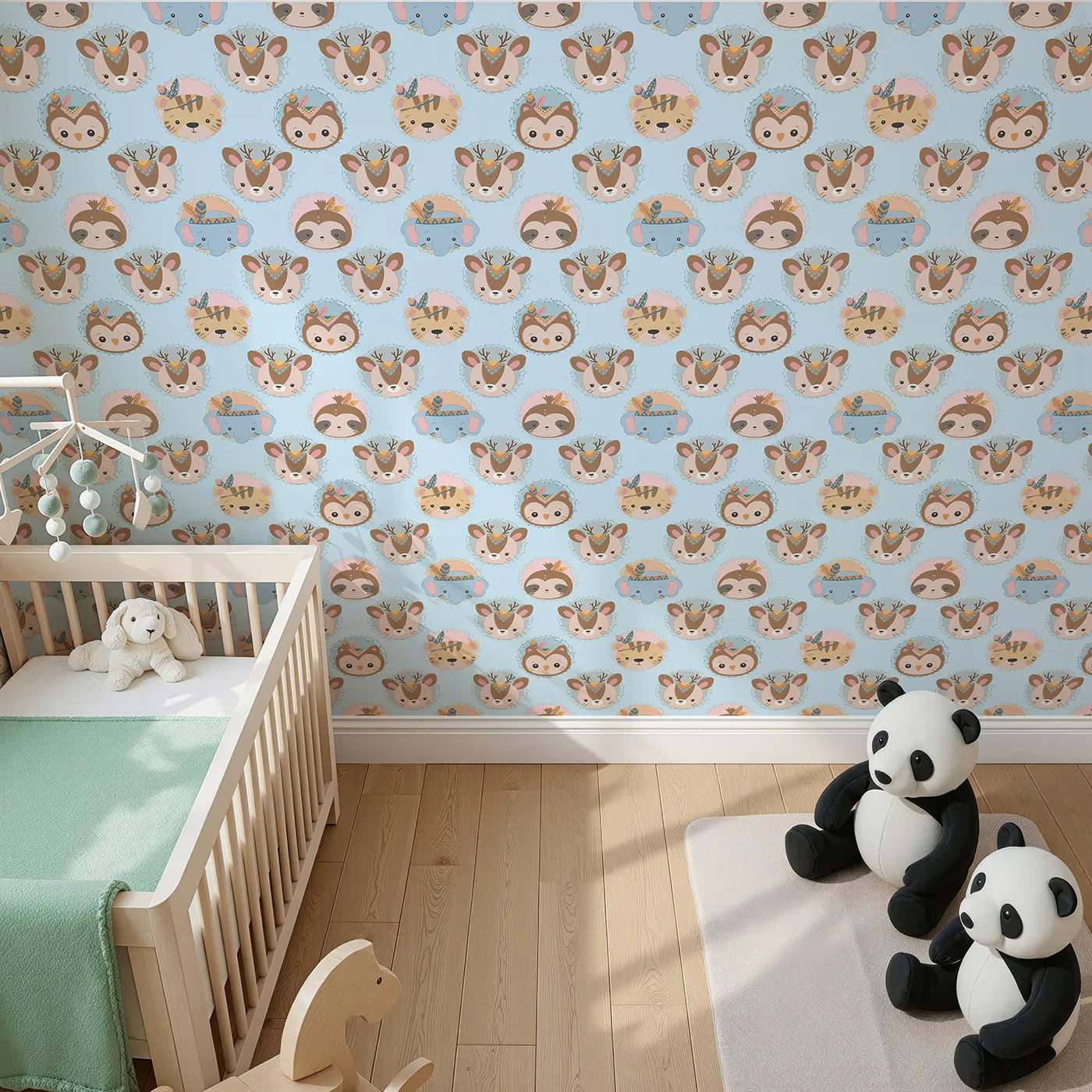 Top-Down view of Whimsy Tots' Woodland Royalty Parade Wallpaper in Blue (W3011D).Sweet woodland animals don royal headbands in this gentle parade of cuteness.