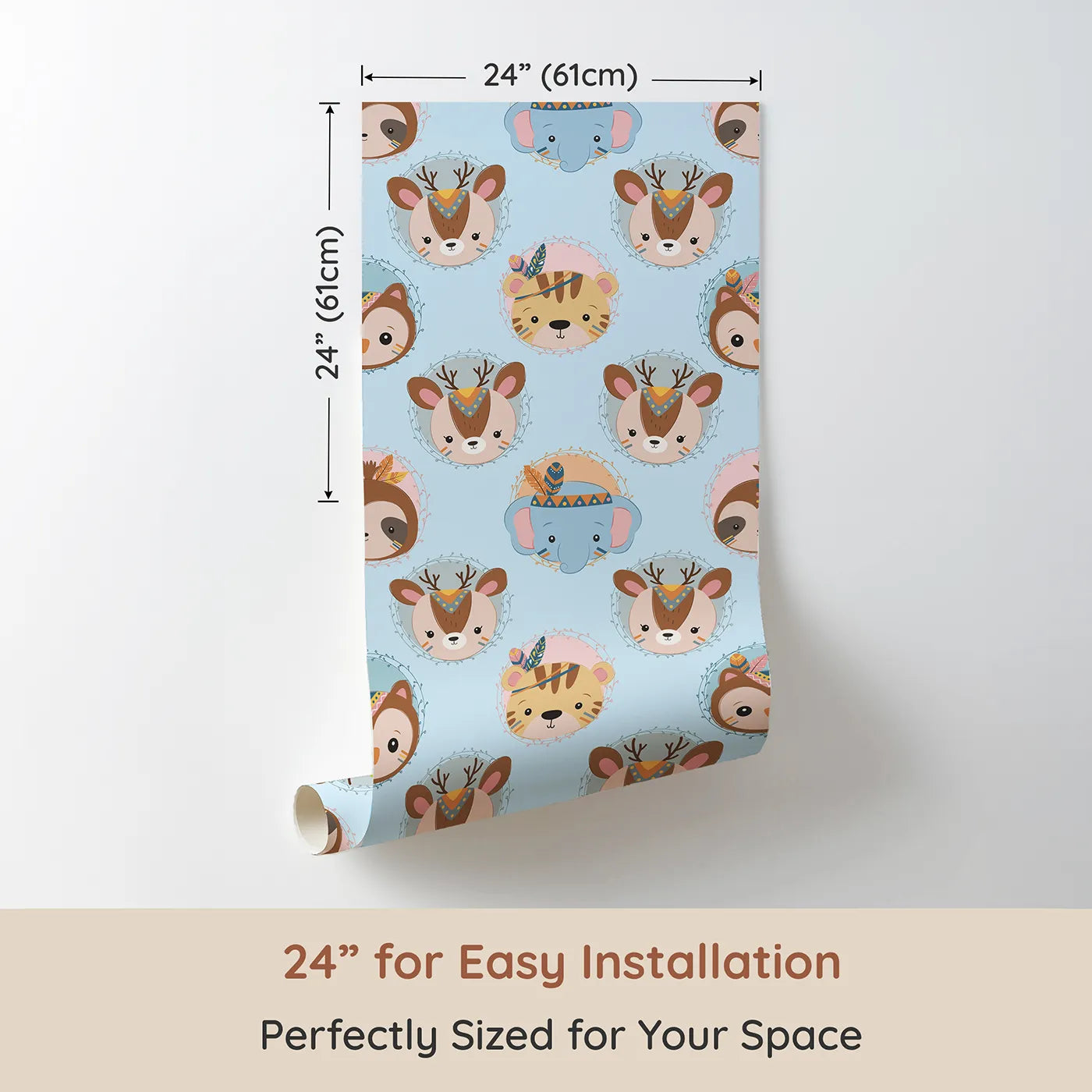 Dimension view of Whimsy Tots Woodland Royalty Parade Wallpaper in Blue (W3011D). Printed in 24-inch-wide panel for easy installation. Sweet woodland animals don royal headbands in this gentle parade of cuteness.