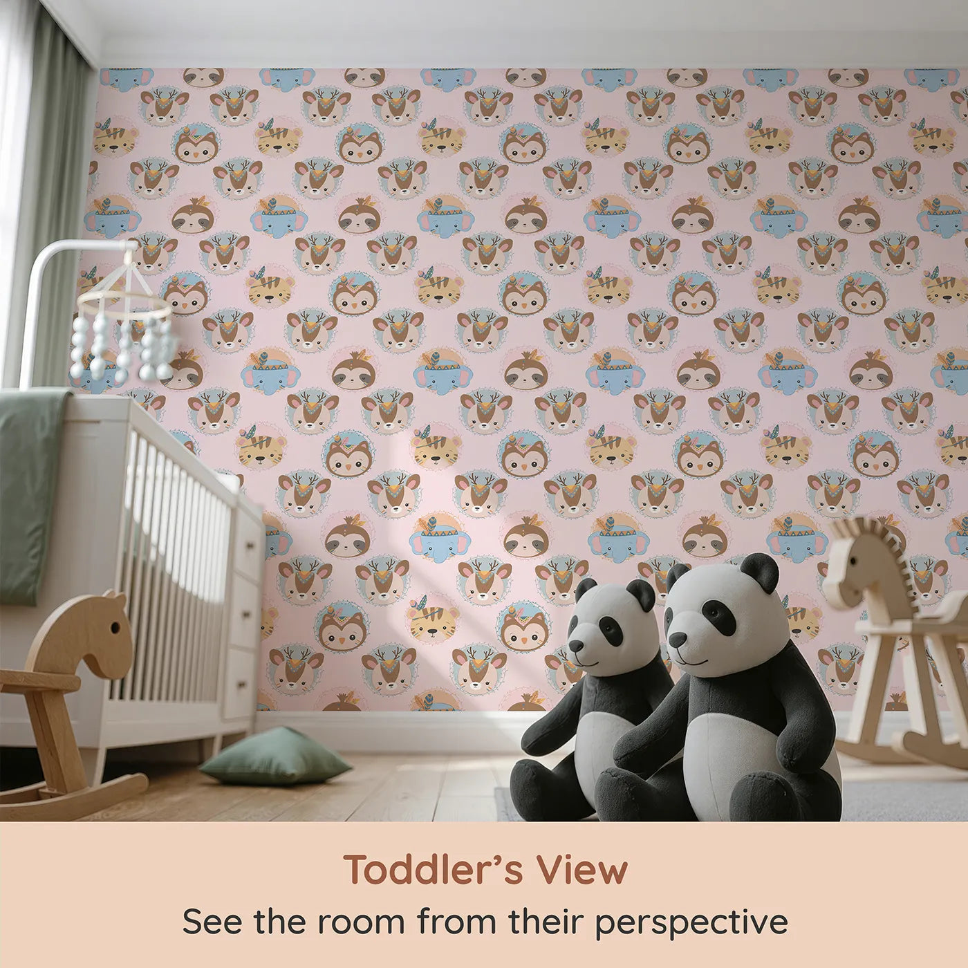 Whimsy Tots Woodland Royalty Parade Wallpaper in Pink (W3011E) from your child's view.Sweet woodland animals don royal headbands in this gentle parade of cuteness.