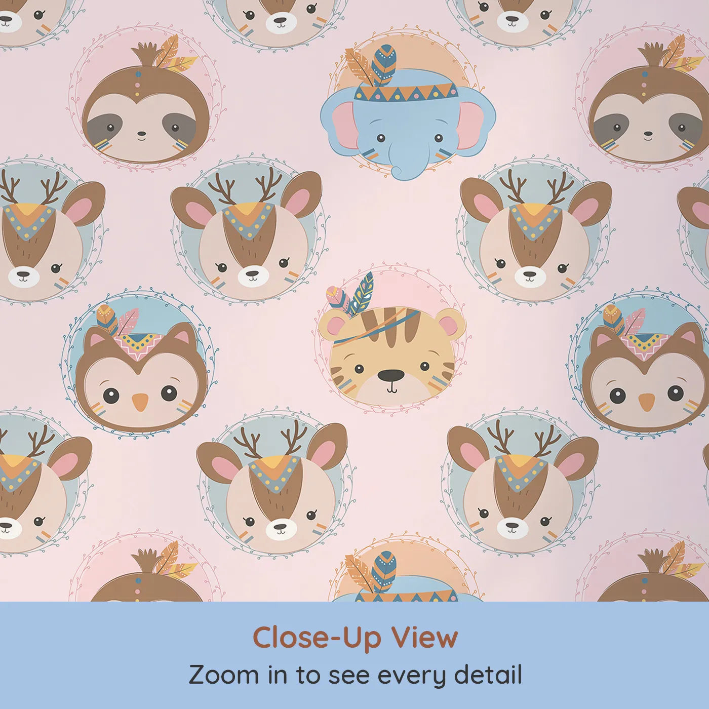 Close-up view of Whimsy Tots' Woodland Royalty Parade Wallpaper in Pink (W3011E).Sweet woodland animals don royal headbands in this gentle parade of cuteness.