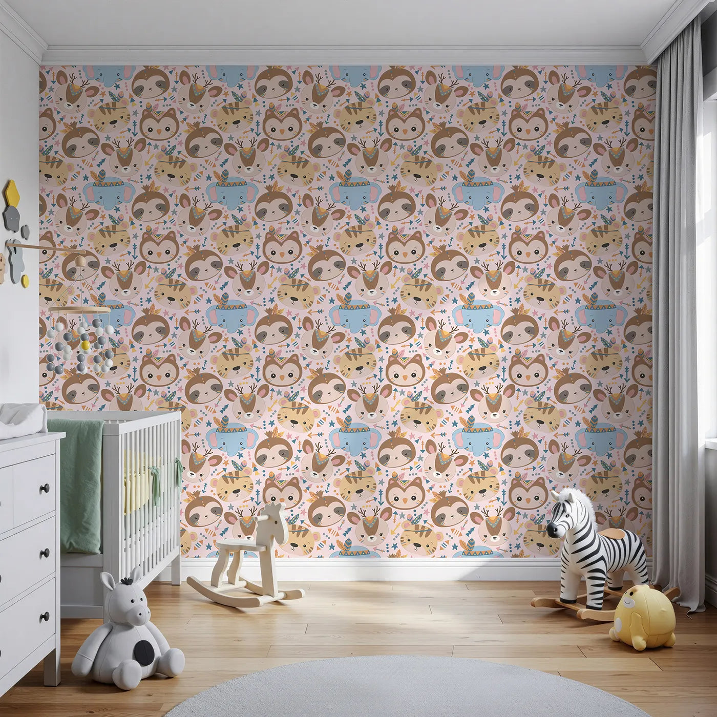 Front view of Whimsy Tots' Wild Whimsy Tribe Wallpaper in Pink