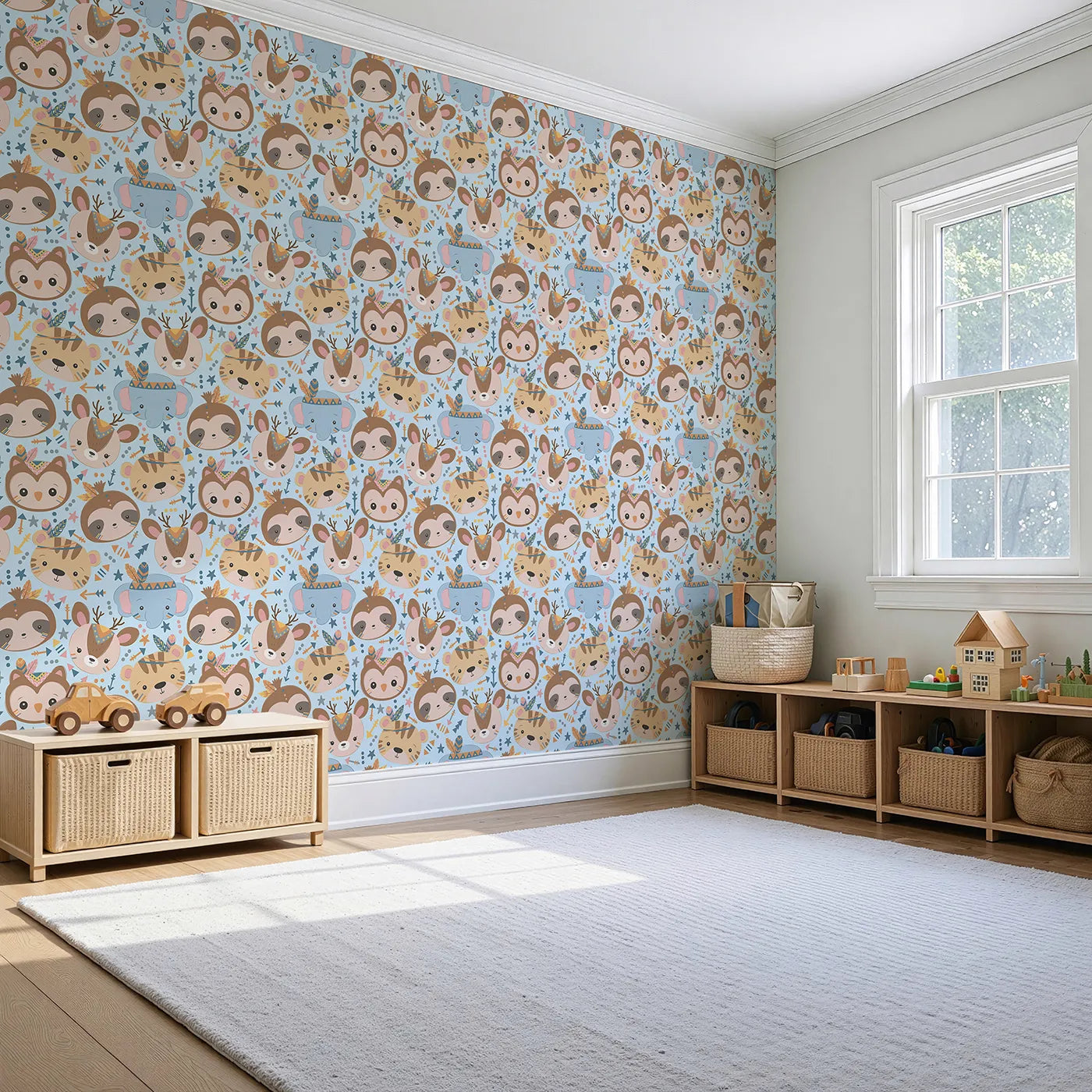 Angled view of Whimsy Tots' Wild Whimsy Tribe Wallpaper in Blue (W3012D).A joyful mix of animal faces, feathers, and arrows creates a world of wonder.