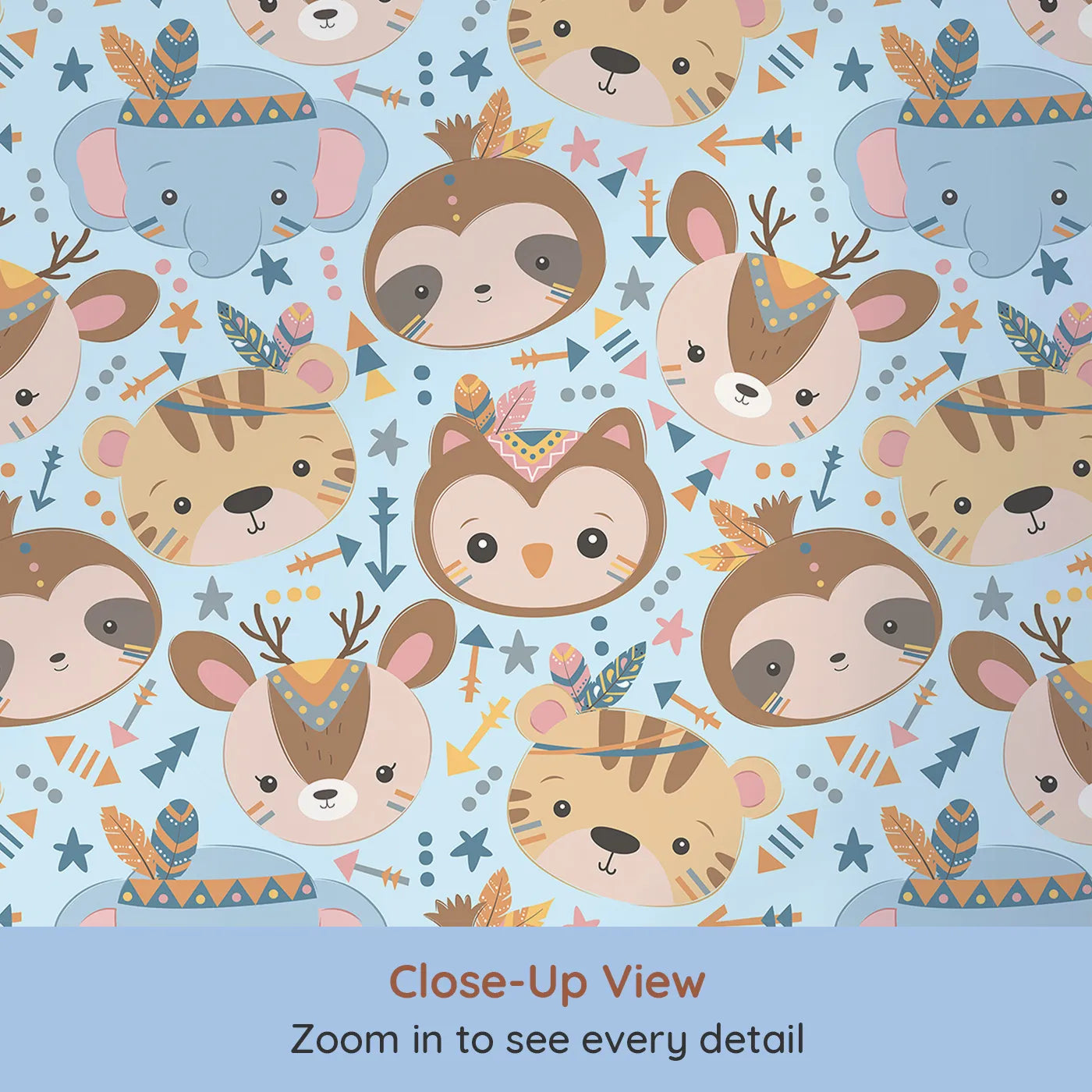 Close-up view of Whimsy Tots' Wild Whimsy Tribe Wallpaper in Blue (W3012D).A joyful mix of animal faces, feathers, and arrows creates a world of wonder.