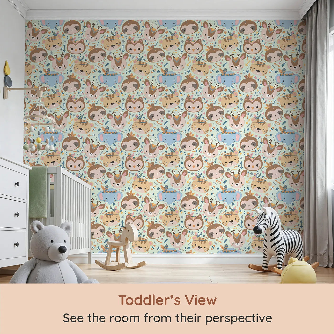 Whimsy Tots Wild Whimsy Tribe Wallpaper in Mint Green (W3012E) from your child's view.A joyful mix of animal faces, feathers, and arrows creates a world of wonder.