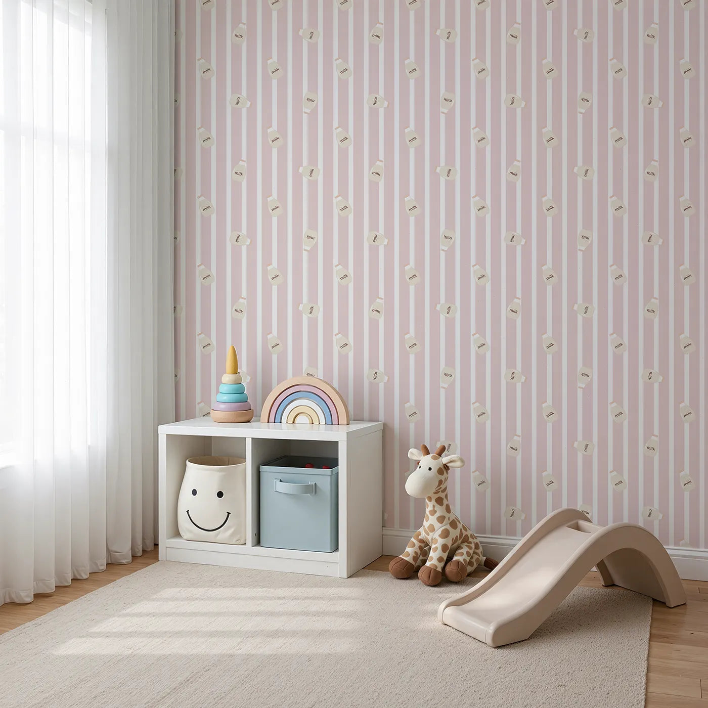 Angled view of Whimsy Tots' Milky Morning Stripes Wallpaper in Pink (W3013A).Gentle stripes and playful milk bottles bring cozy charm to every corner.