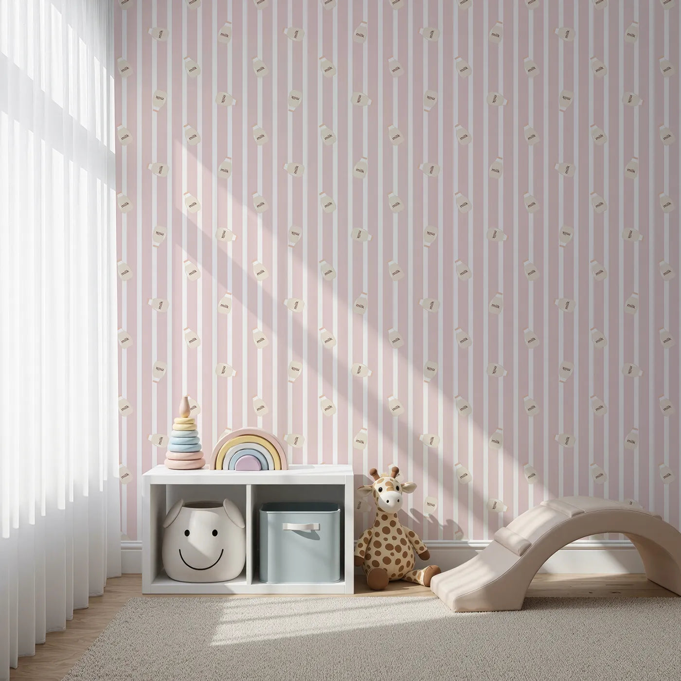 Front view of Whimsy Tots' Milky Morning Stripes Wallpaper in Pink