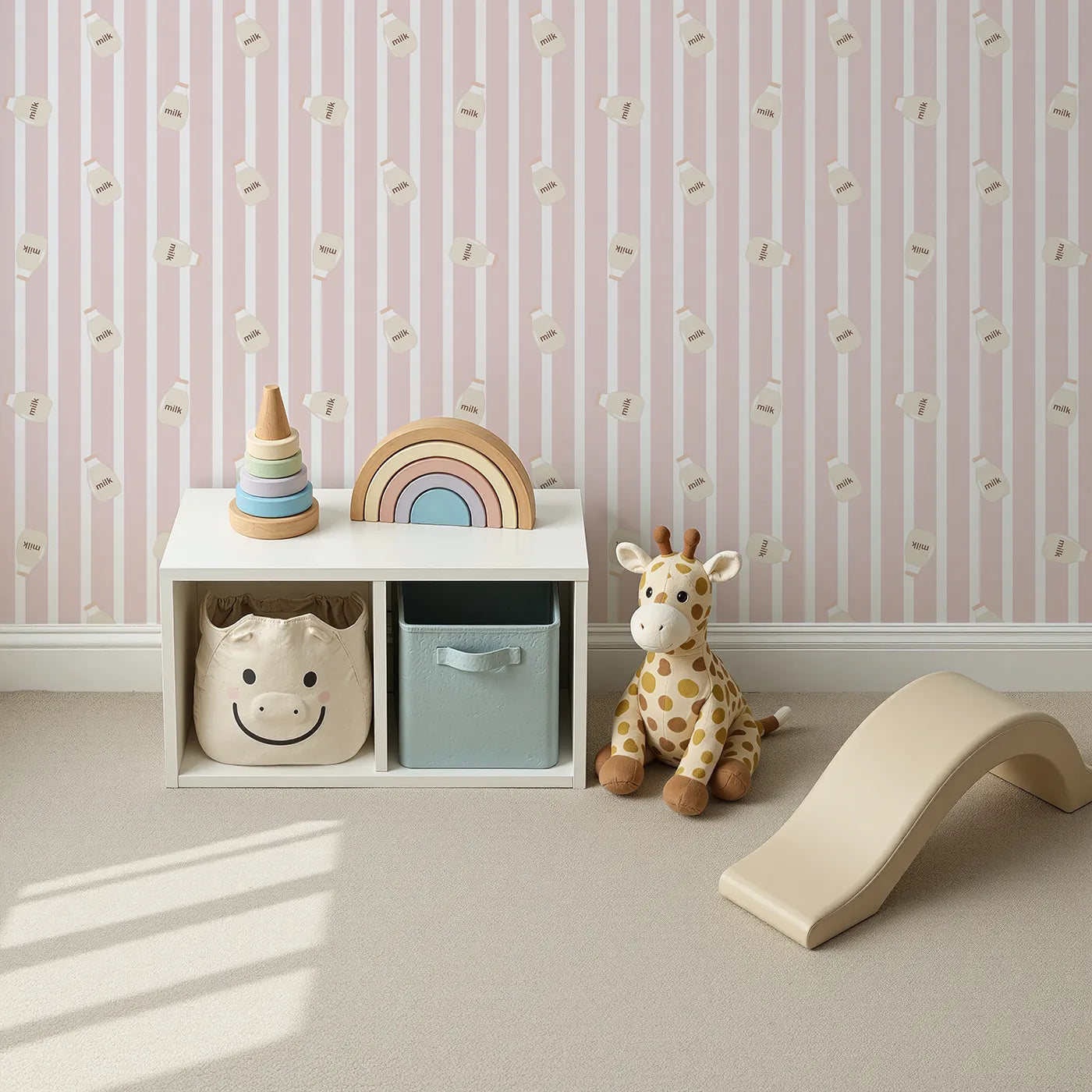 Top-Down view of Whimsy Tots' Milky Morning Stripes Wallpaper in Pink (W3013A).Gentle stripes and playful milk bottles bring cozy charm to every corner.