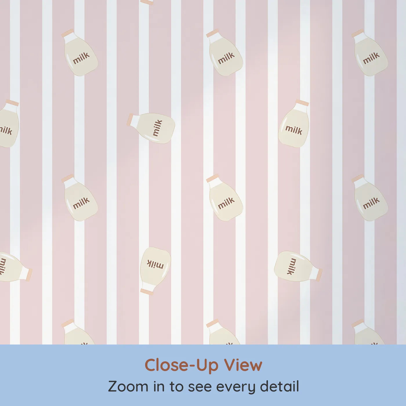 Close-up view of Whimsy Tots' Milky Morning Stripes Wallpaper in Pink (W3013A).Gentle stripes and playful milk bottles bring cozy charm to every corner.