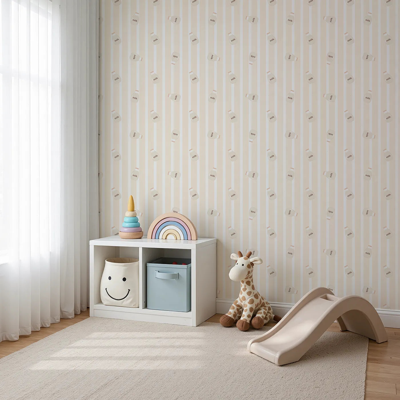 Angled view of Whimsy Tots' Milky Morning Stripes Wallpaper in Cream (W3013B).Gentle stripes and playful milk bottles bring cozy charm to every corner.