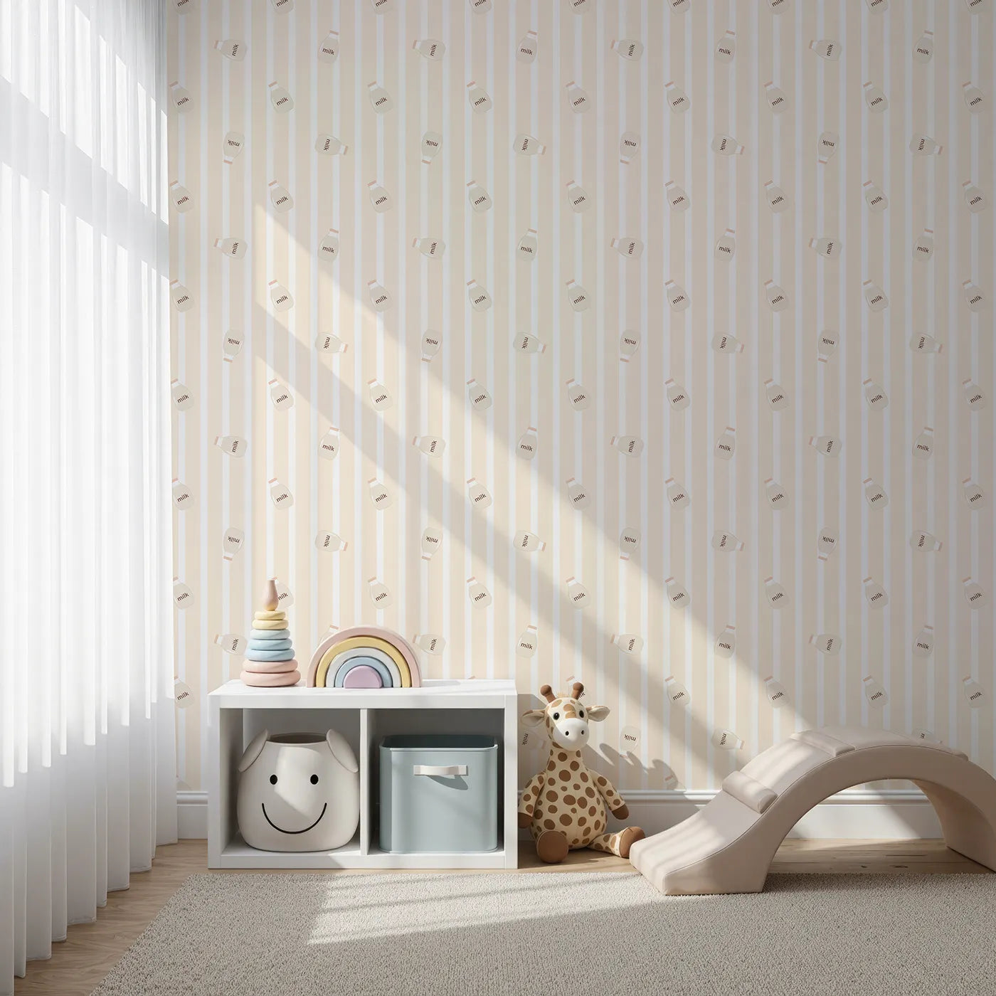 Front view of Whimsy Tots' Milky Morning Stripes Wallpaper in Cream