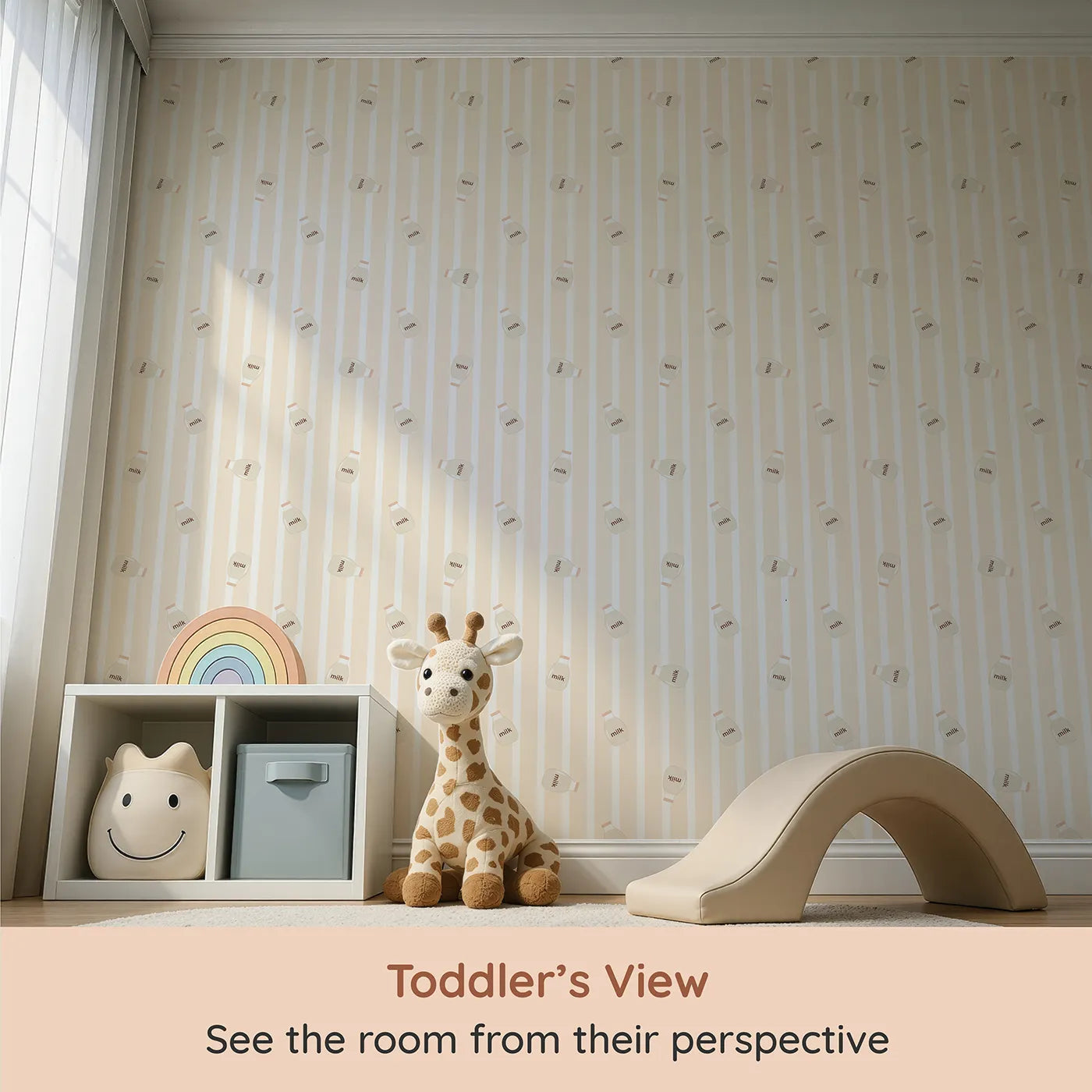 Whimsy Tots Milky Morning Stripes Wallpaper in Cream (W3013B) from your child's view.Gentle stripes and playful milk bottles bring cozy charm to every corner.