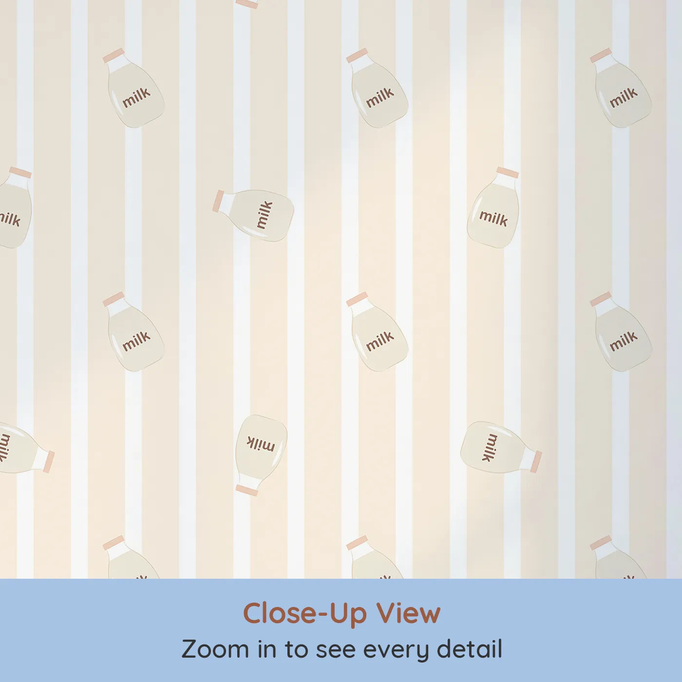 Close-up view of Whimsy Tots' Milky Morning Stripes Wallpaper in Cream (W3013B).Gentle stripes and playful milk bottles bring cozy charm to every corner.