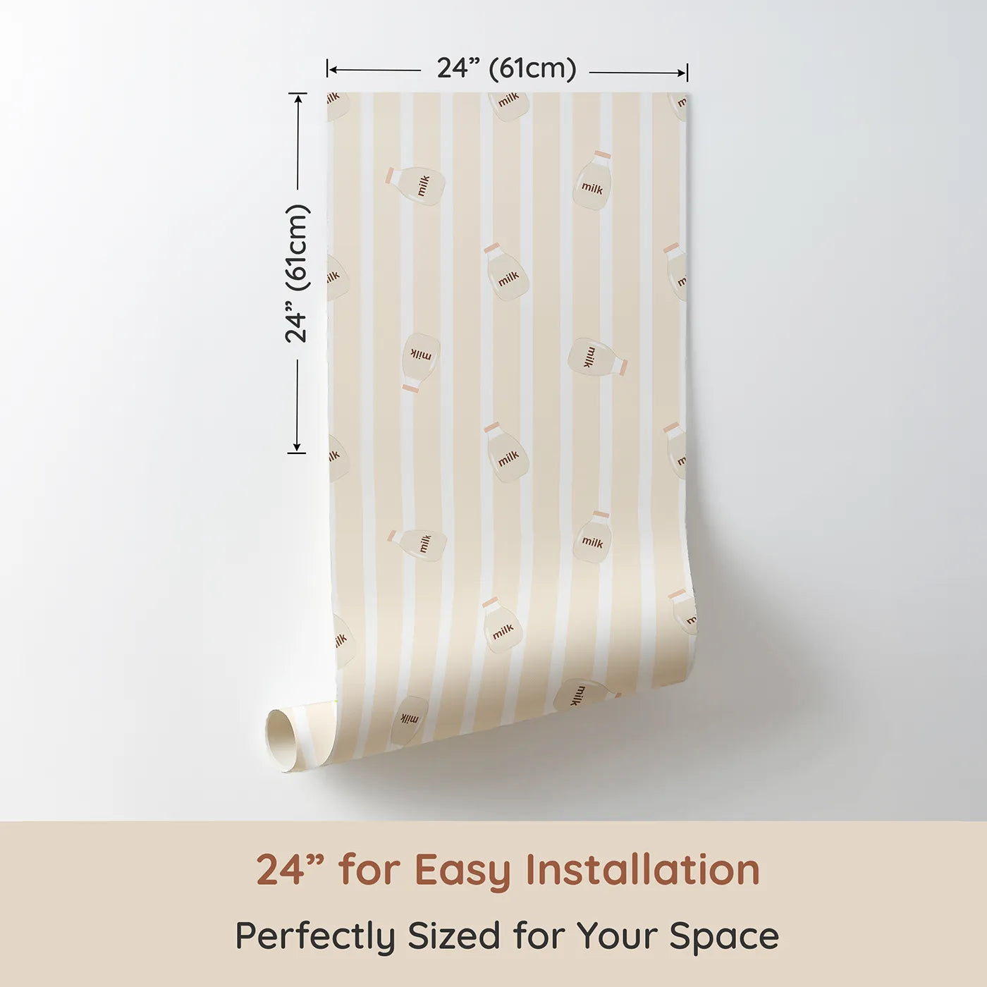 Dimension view of Whimsy Tots Milky Morning Stripes Wallpaper in Cream (W3013B). Printed in 24-inch-wide panel for easy installation. Gentle stripes and playful milk bottles bring cozy charm to every corner.