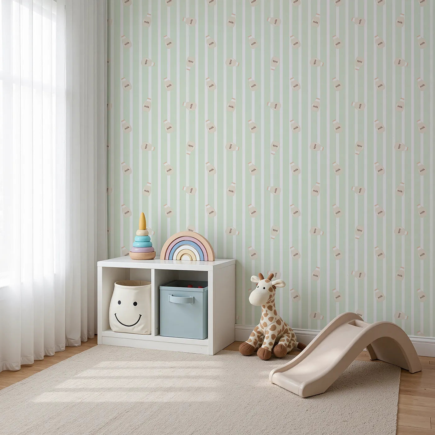 Angled view of Whimsy Tots' Milky Morning Stripes Wallpaper in Mint Green (W3013C).Gentle stripes and playful milk bottles bring cozy charm to every corner.