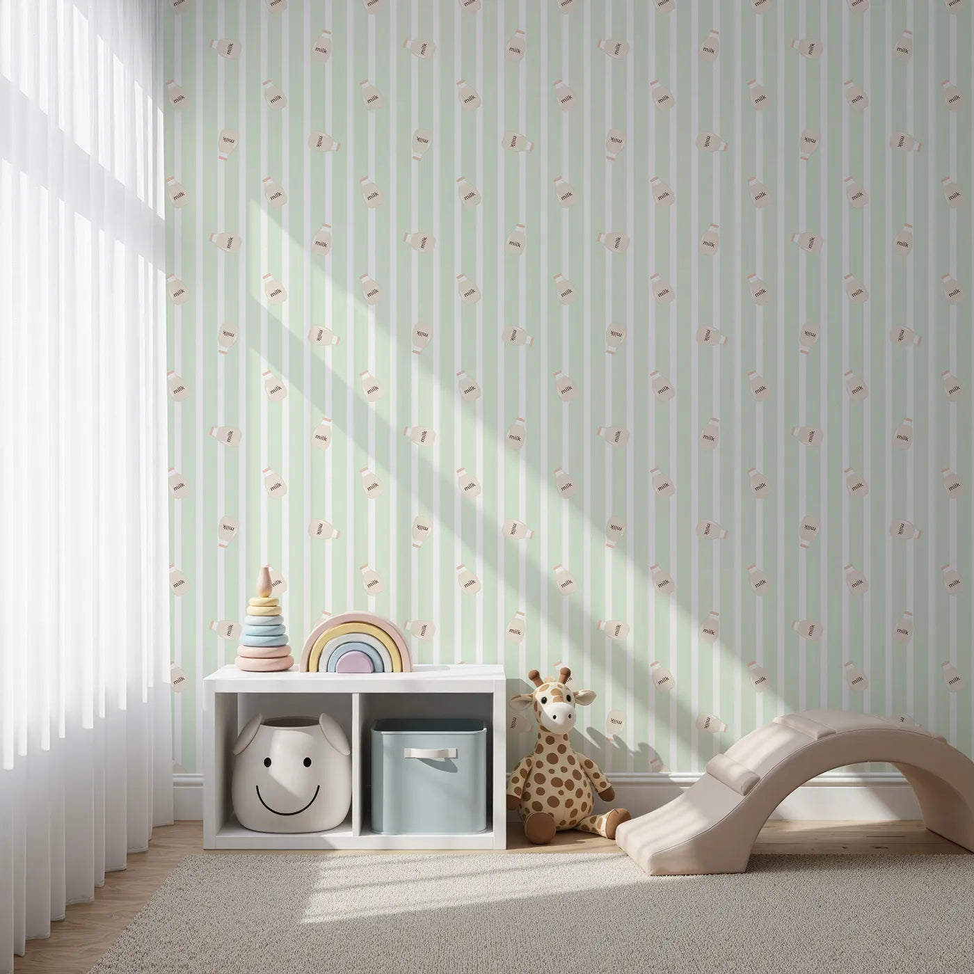Front view of Whimsy Tots' Milky Morning Stripes Wallpaper in Mint Green
