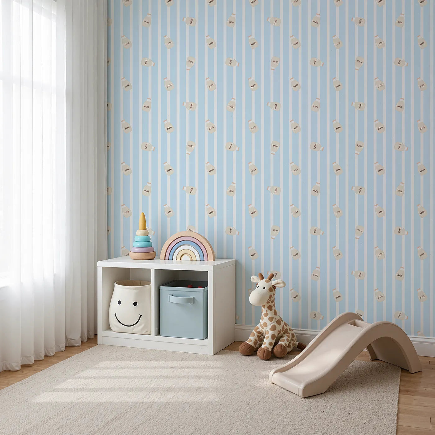 Angled view of Whimsy Tots' Milky Morning Stripes Wallpaper in Blue (W3013D).Gentle stripes and playful milk bottles bring cozy charm to every corner.