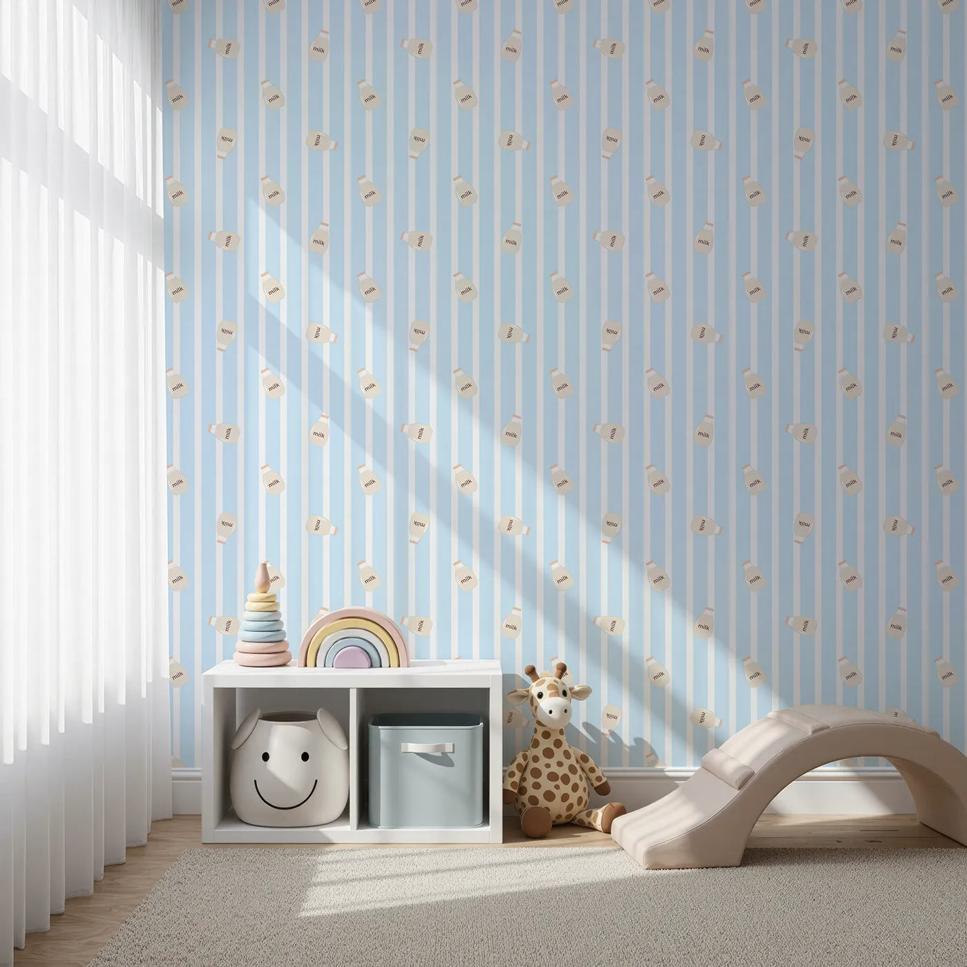 Front view of Whimsy Tots' Milky Morning Stripes Wallpaper in Blue