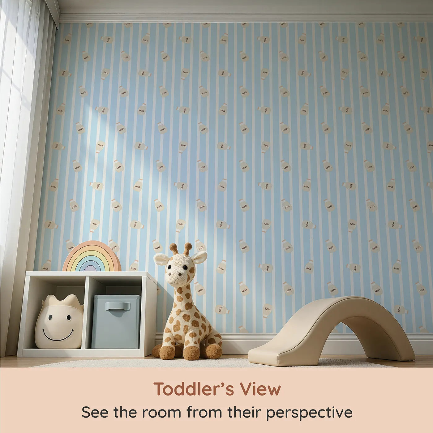 Whimsy Tots Milky Morning Stripes Wallpaper in Blue (W3013D) from your child's view.Gentle stripes and playful milk bottles bring cozy charm to every corner.