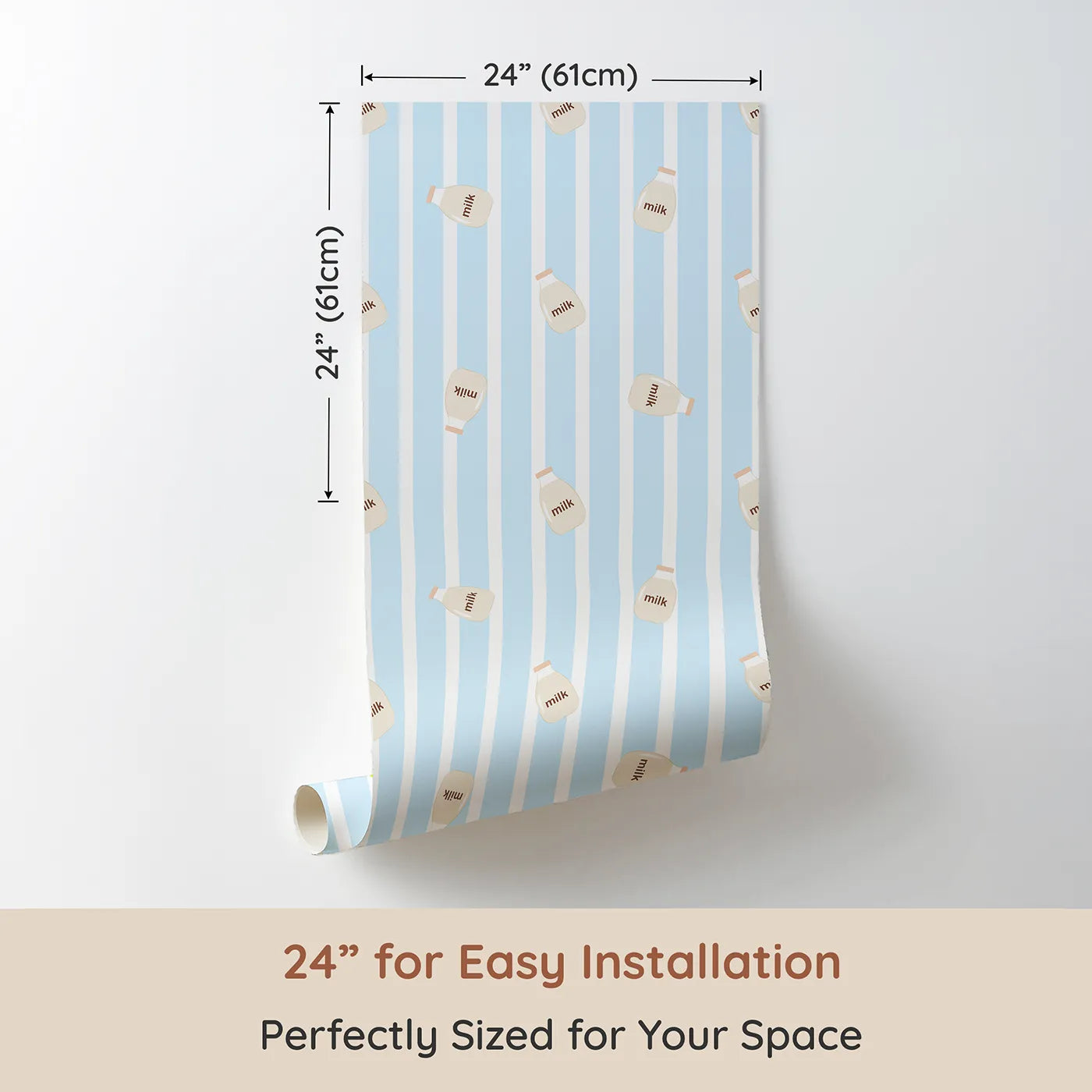 Dimension view of Whimsy Tots Milky Morning Stripes Wallpaper in Blue (W3013D). Printed in 24-inch-wide panel for easy installation. Gentle stripes and playful milk bottles bring cozy charm to every corner.