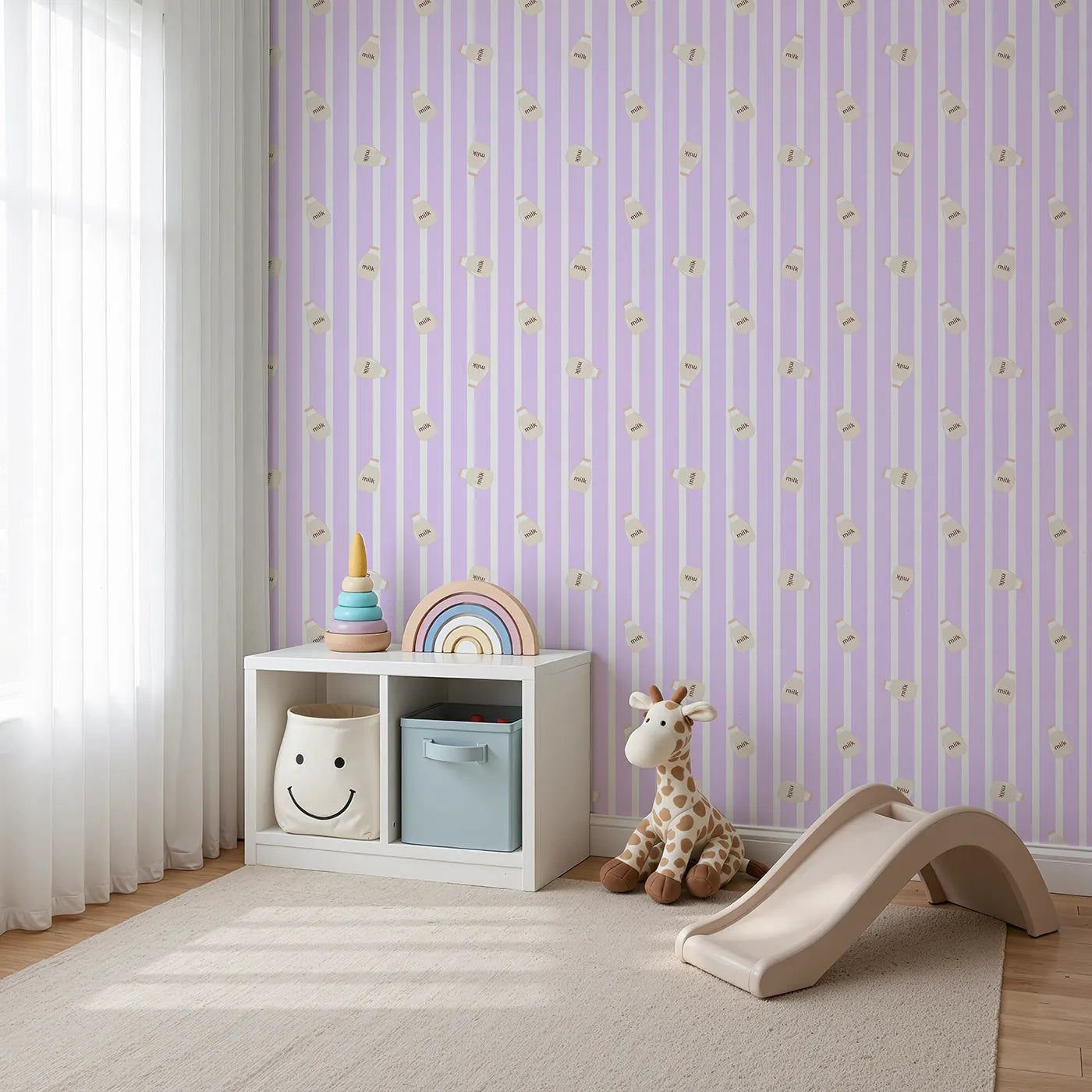 Angled view of Whimsy Tots' Milky Morning Stripes Wallpaper in Lavender (W3013E).Gentle stripes and playful milk bottles bring cozy charm to every corner.