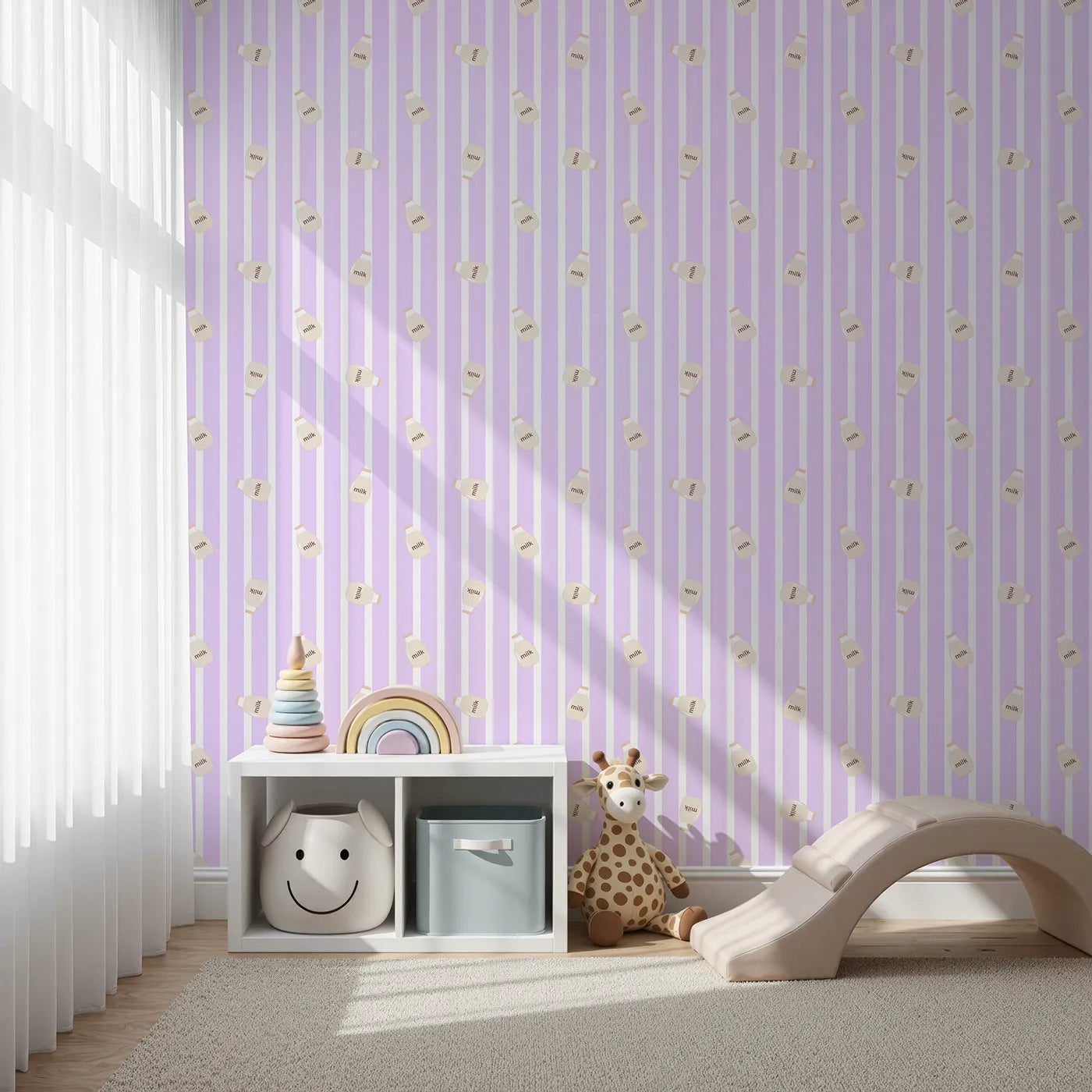 Front view of Whimsy Tots' Milky Morning Stripes Wallpaper in Lavender