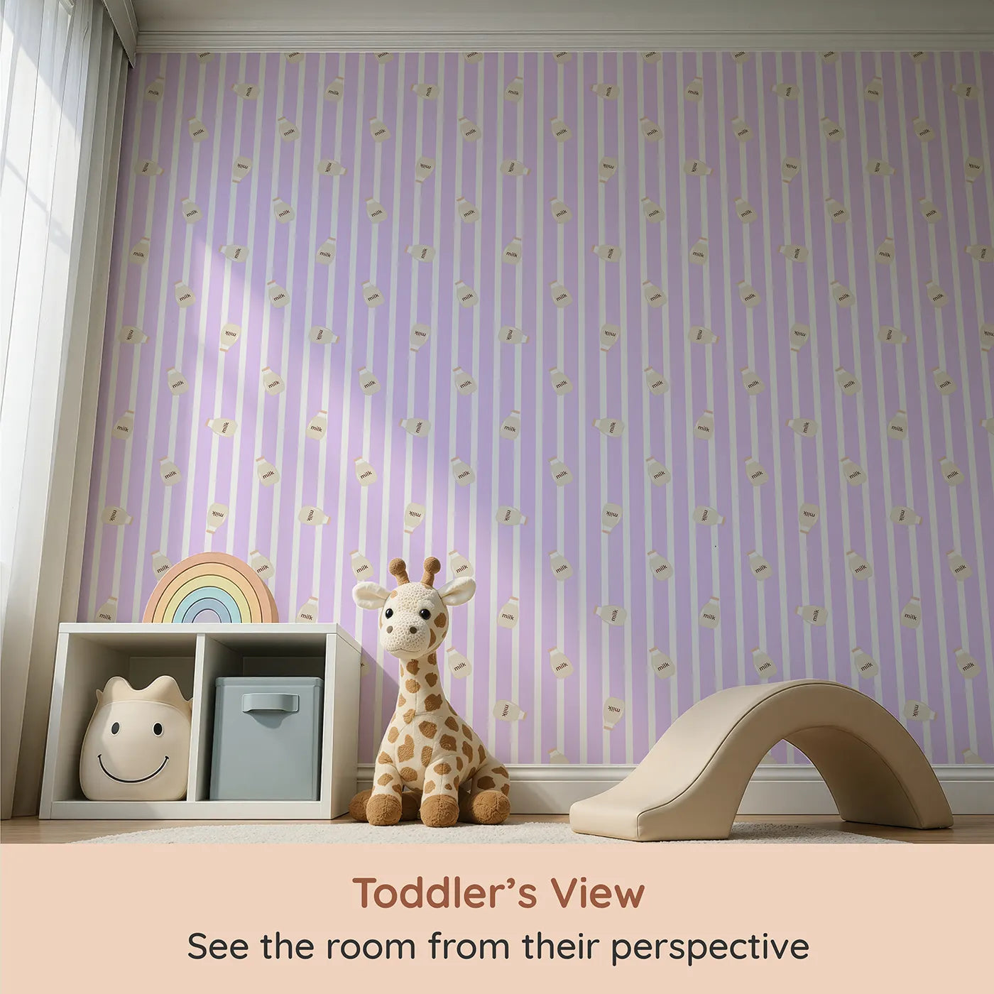 Whimsy Tots Milky Morning Stripes Wallpaper in Lavender (W3013E) from your child's view.Gentle stripes and playful milk bottles bring cozy charm to every corner.