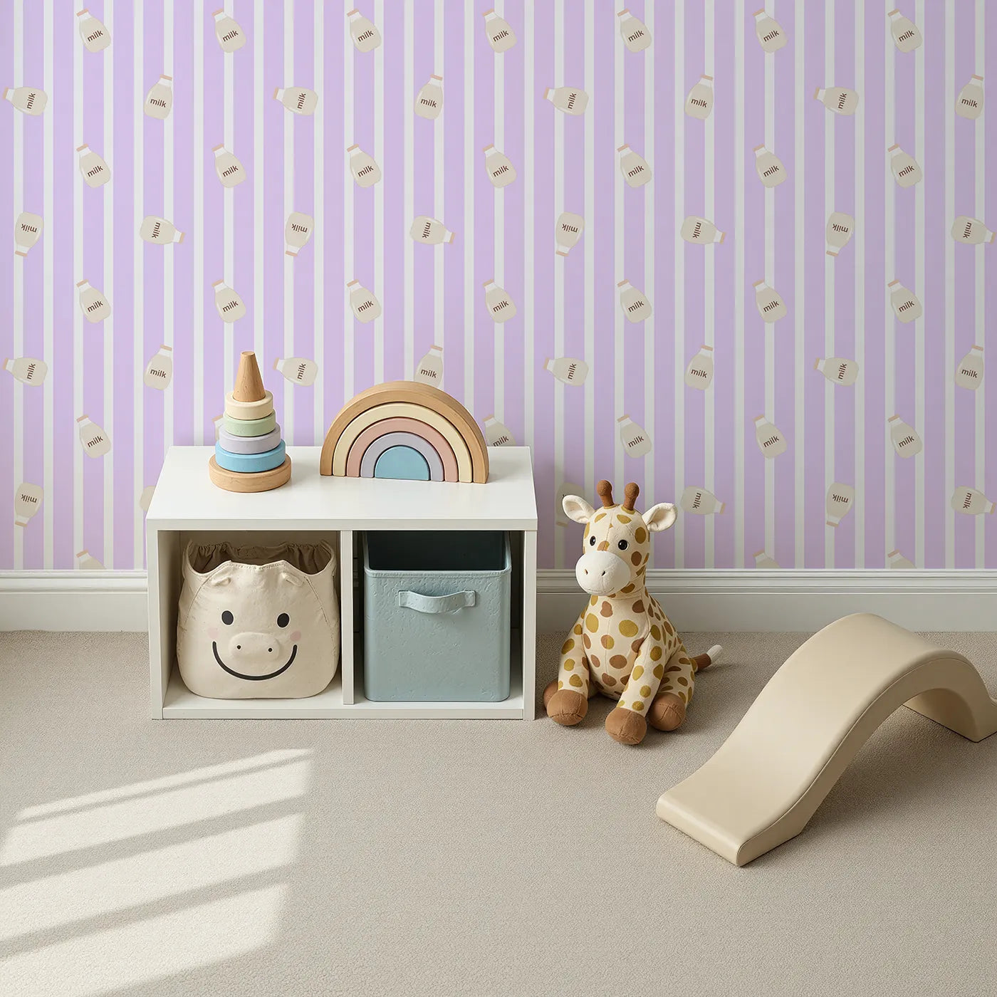 Top-Down view of Whimsy Tots' Milky Morning Stripes Wallpaper in Lavender (W3013E).Gentle stripes and playful milk bottles bring cozy charm to every corner.