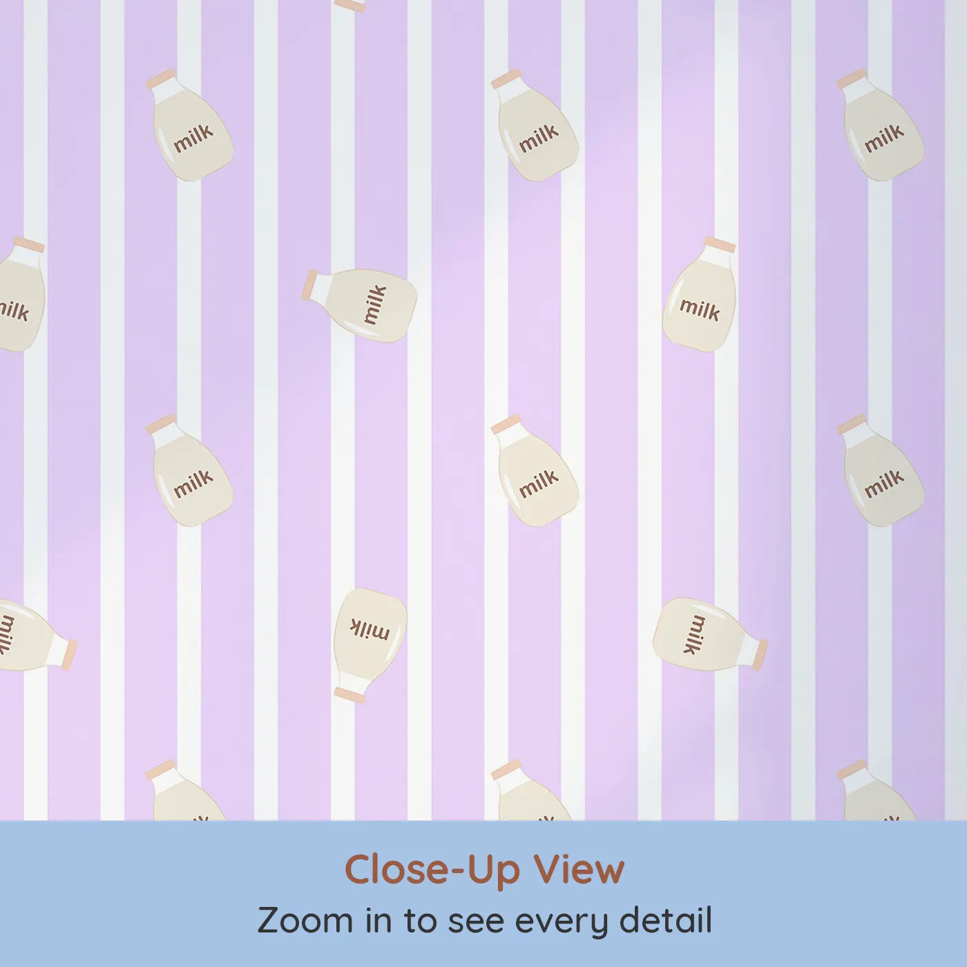 Close-up view of Whimsy Tots' Milky Morning Stripes Wallpaper in Lavender (W3013E).Gentle stripes and playful milk bottles bring cozy charm to every corner.