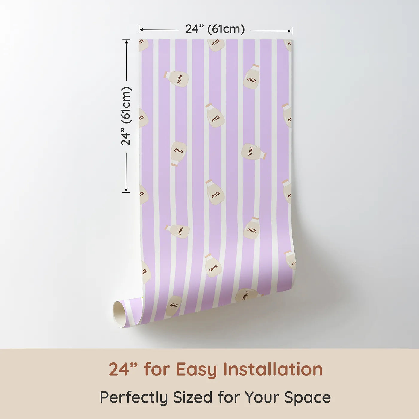 Dimension view of Whimsy Tots Milky Morning Stripes Wallpaper in Lavender (W3013E). Printed in 24-inch-wide panel for easy installation. Gentle stripes and playful milk bottles bring cozy charm to every corner.