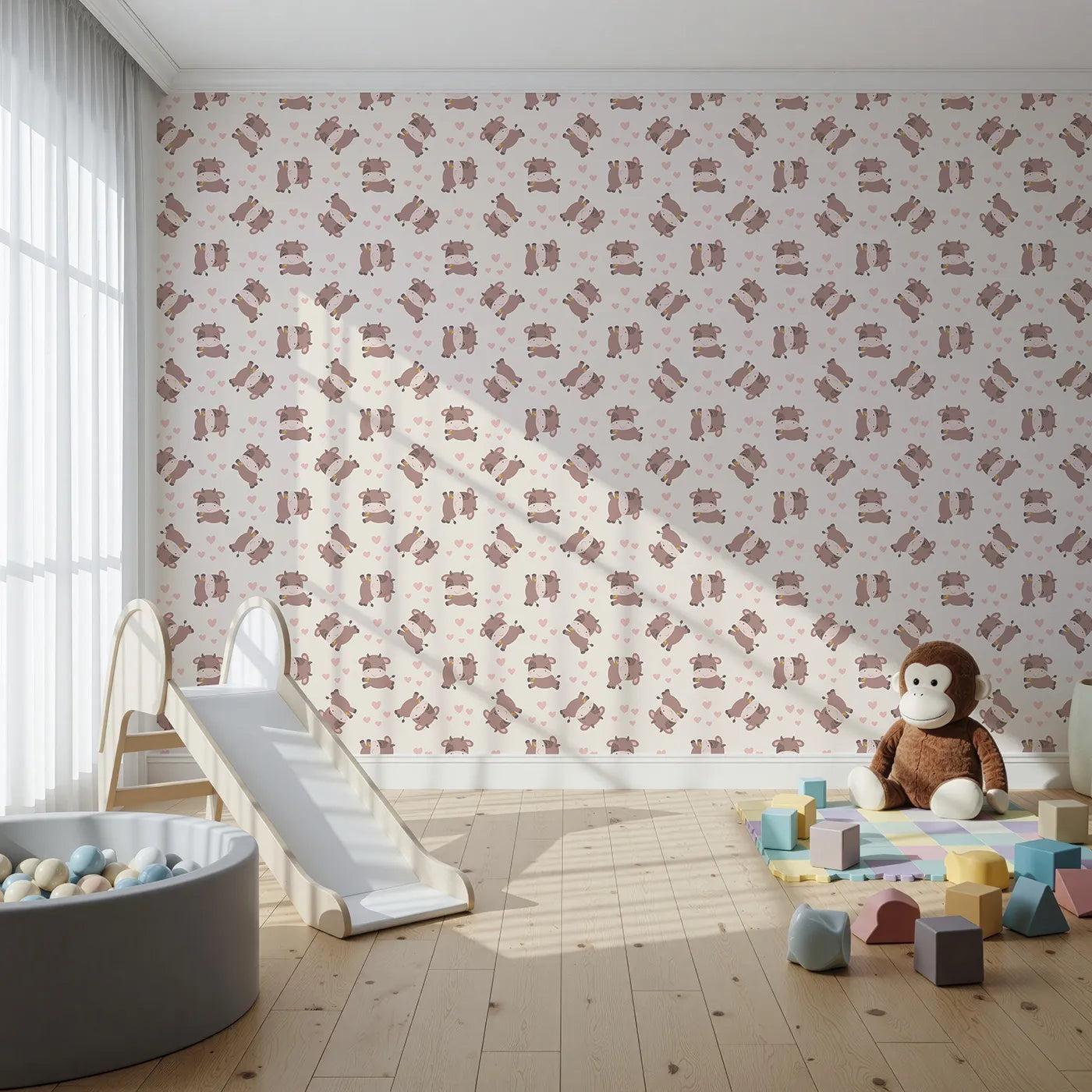 Front view of Whimsy Tots' Moo Moo Love Wallpaper in Cream