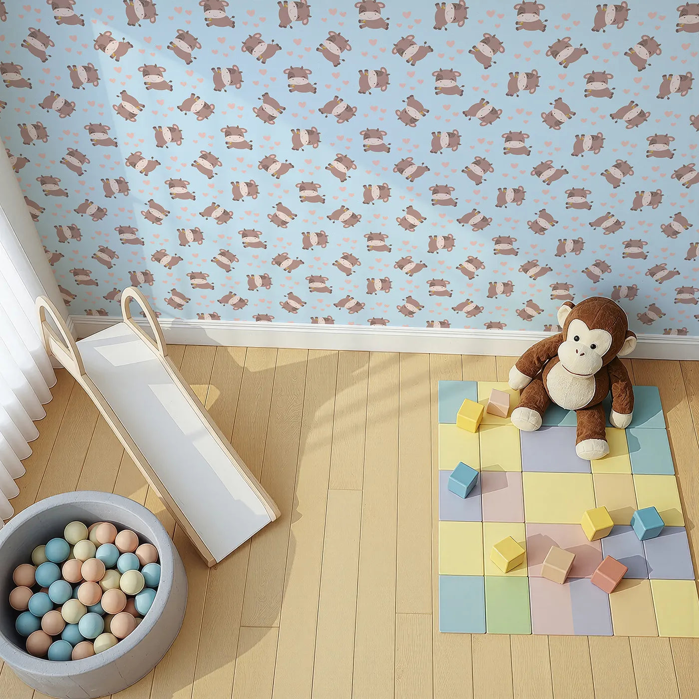 Top-Down view of Whimsy Tots' Moo Moo Love Wallpaper in Blue (W3014D).Adorable cows and floating hearts bring sweet smiles to every wall.