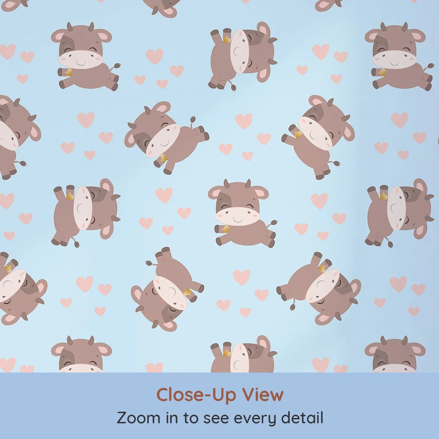 Close-up view of Whimsy Tots' Moo Moo Love Wallpaper in Blue (W3014D).Adorable cows and floating hearts bring sweet smiles to every wall.