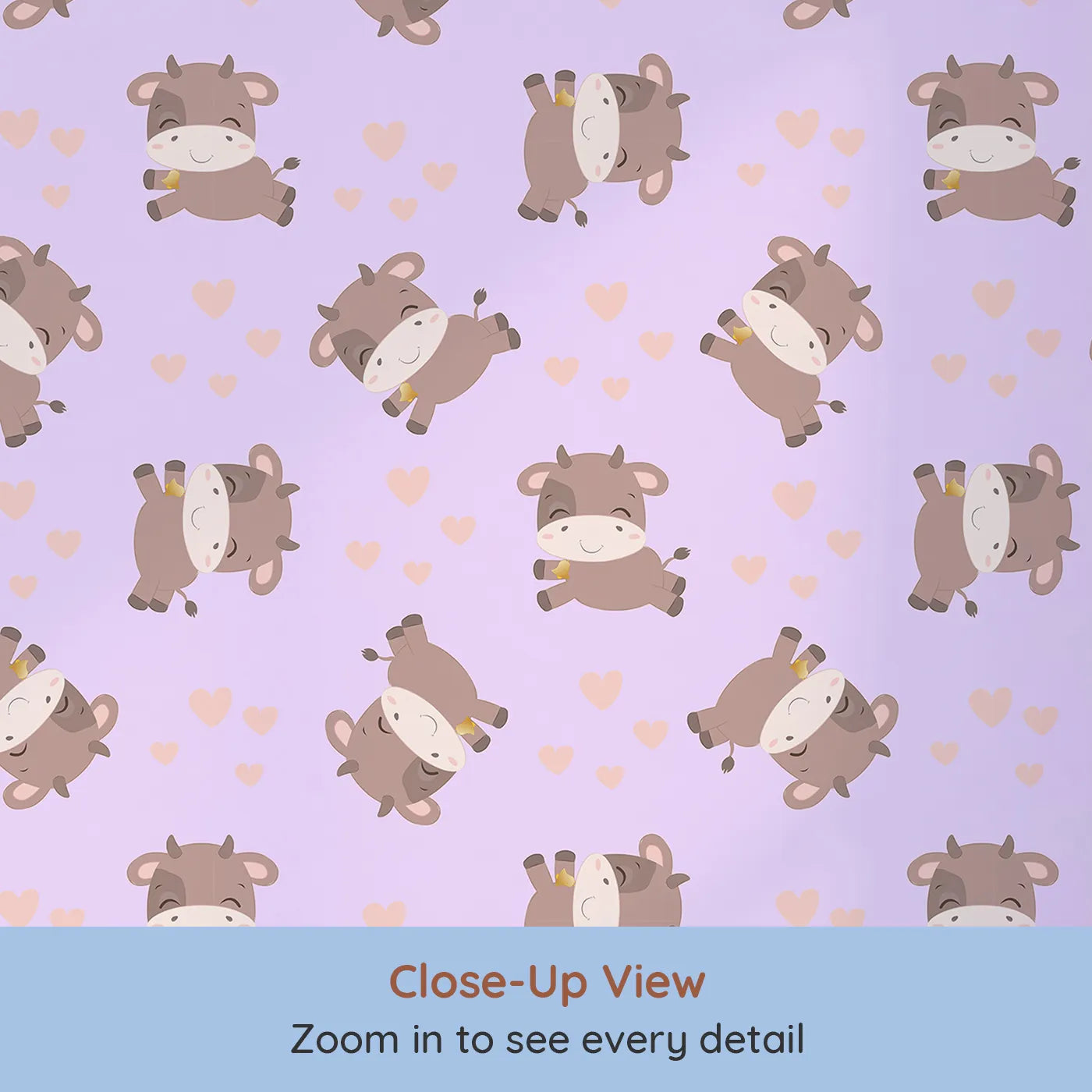 Close-up view of Whimsy Tots' Moo Moo Love Wallpaper in Purple (W3014E).Adorable cows and floating hearts bring sweet smiles to every wall.