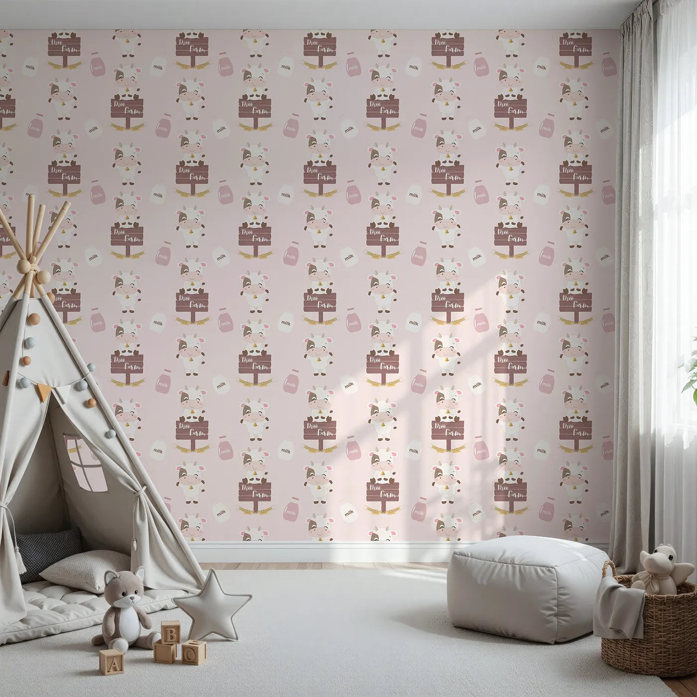 Front view of Whimsy Tots' Moo Farm Friends Wallpaper in Pink