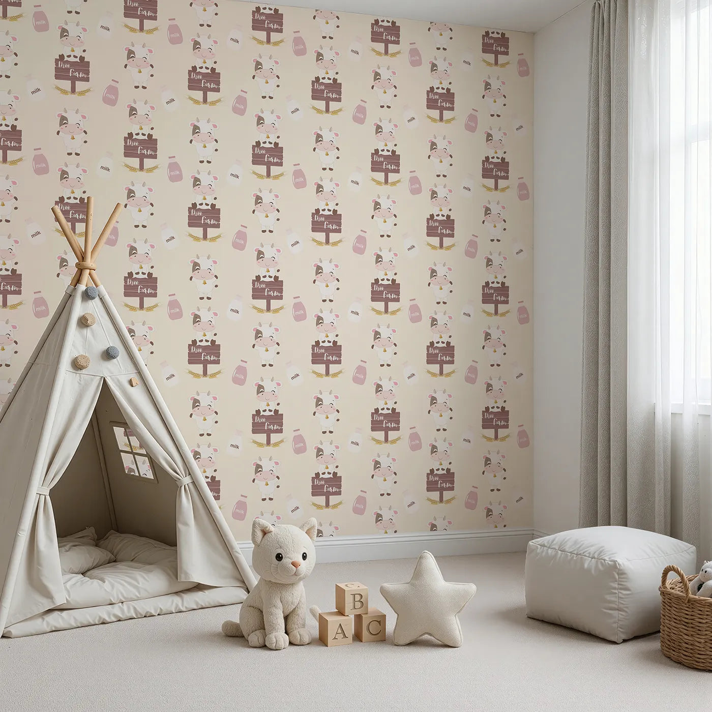 Angled view of Whimsy Tots' Moo Farm Friends Wallpaper in Cream (W3015B).Smiling cows, milk bottles, and farm signs make every wall a playful delight.