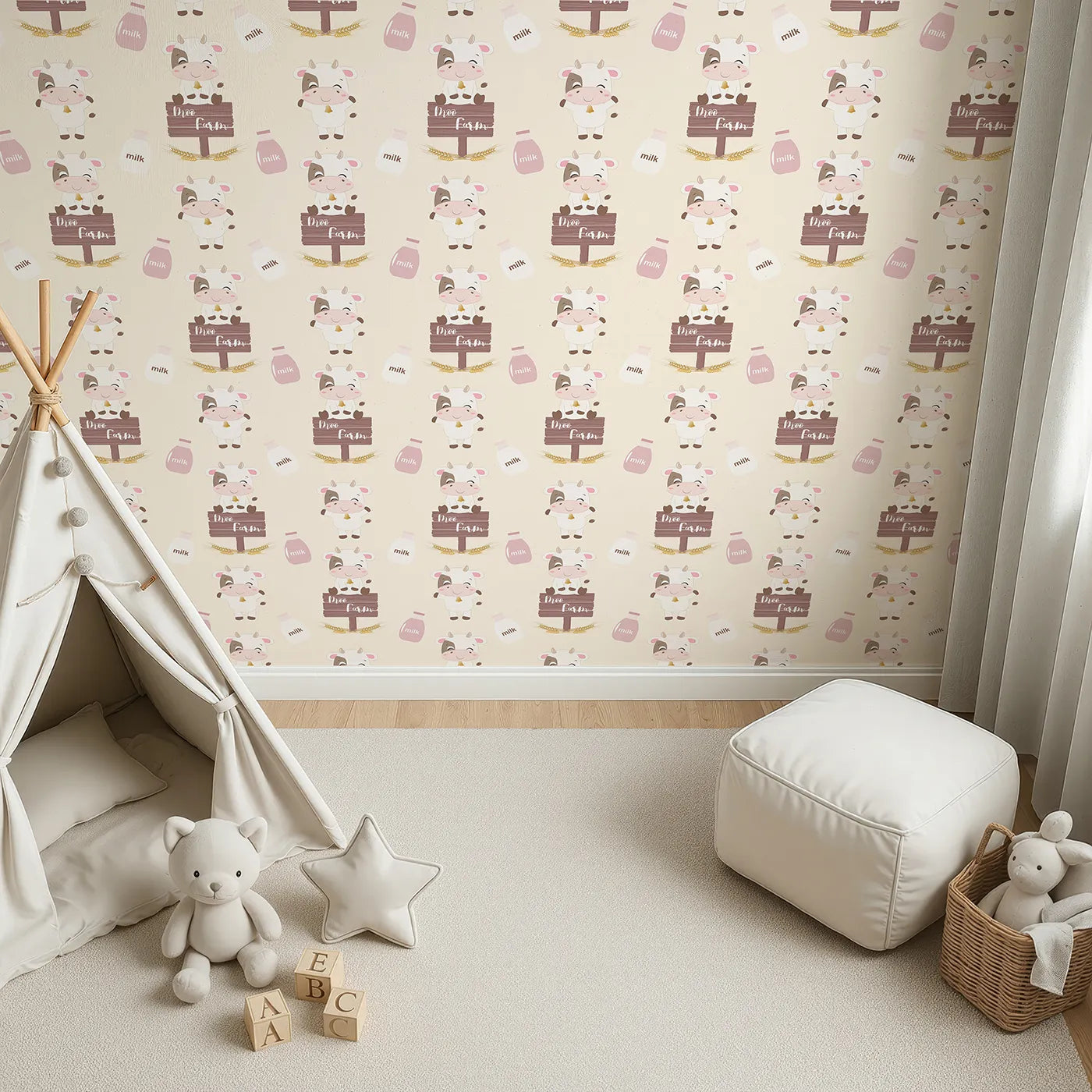 Top-Down view of Whimsy Tots' Moo Farm Friends Wallpaper in Cream (W3015B).Smiling cows, milk bottles, and farm signs make every wall a playful delight.
