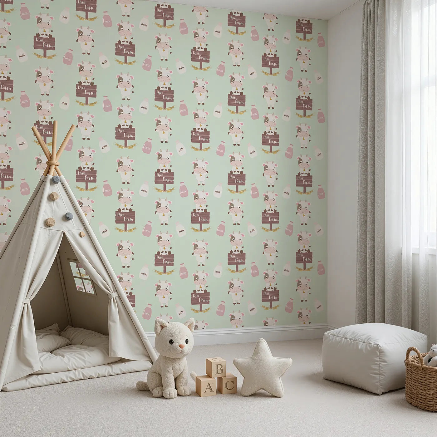 Angled view of Whimsy Tots' Moo Farm Friends Wallpaper in Green (W3015C).Smiling cows, milk bottles, and farm signs make every wall a playful delight.