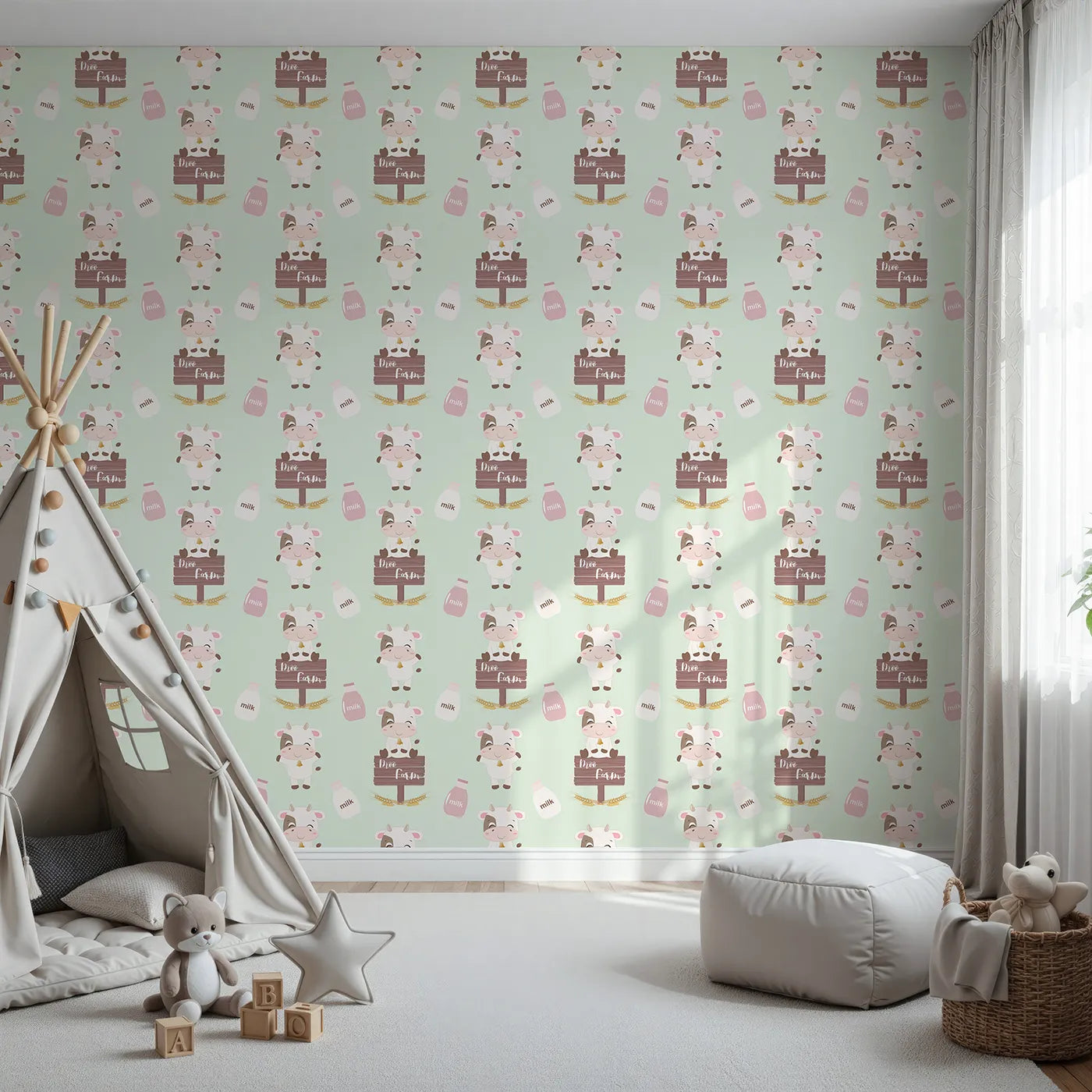 Front view of Whimsy Tots' Moo Farm Friends Wallpaper in Green