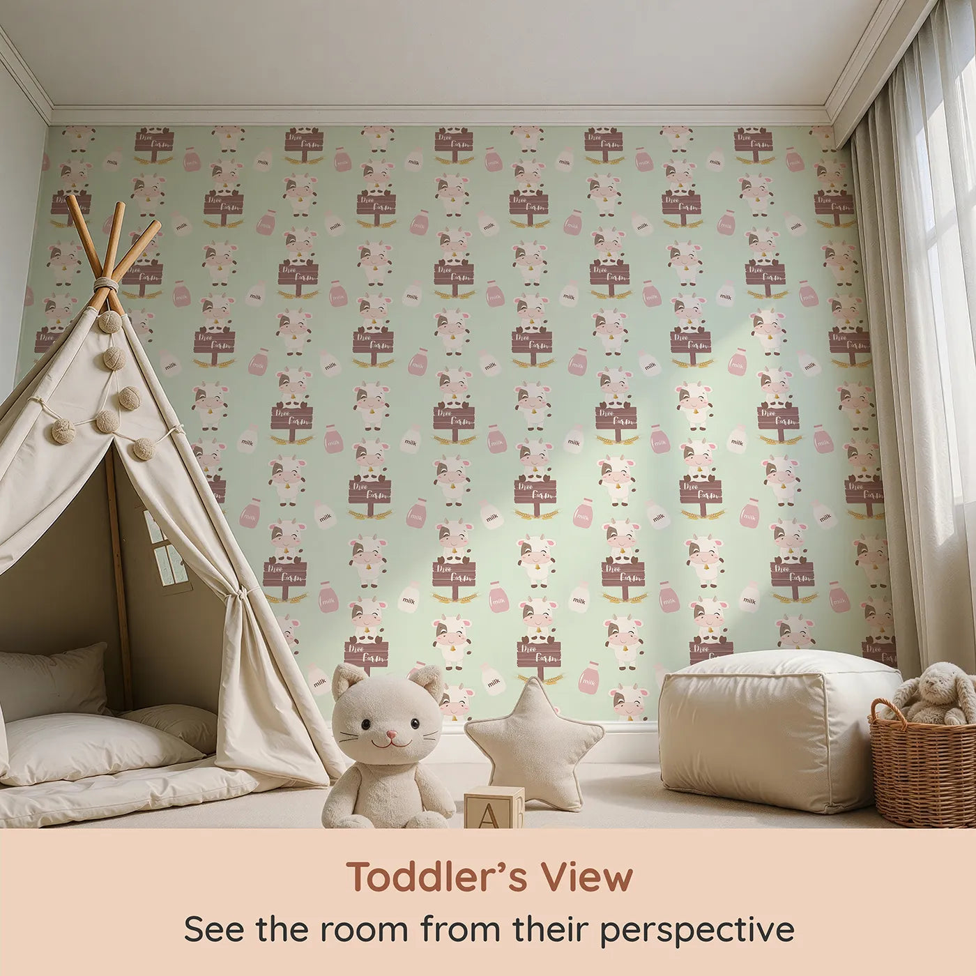 Whimsy Tots Moo Farm Friends Wallpaper in Green (W3015C) from your child's view.Smiling cows, milk bottles, and farm signs make every wall a playful delight.