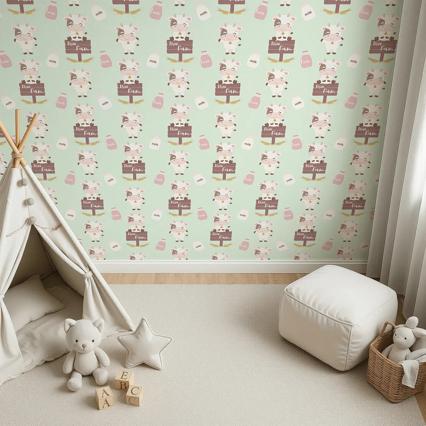 Top-Down view of Whimsy Tots' Moo Farm Friends Wallpaper in Green (W3015C).Smiling cows, milk bottles, and farm signs make every wall a playful delight.