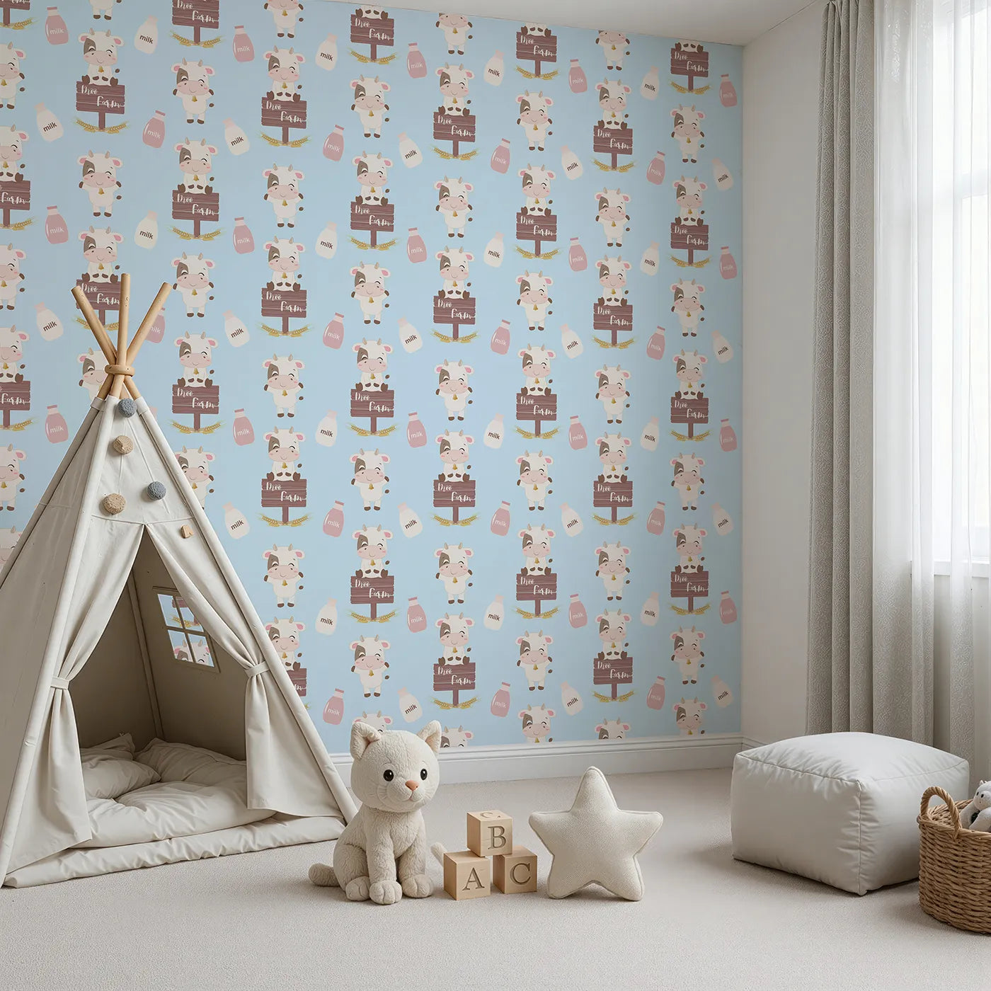 Angled view of Whimsy Tots' Moo Farm Friends Wallpaper in Blue (W3015D).Smiling cows, milk bottles, and farm signs make every wall a playful delight.
