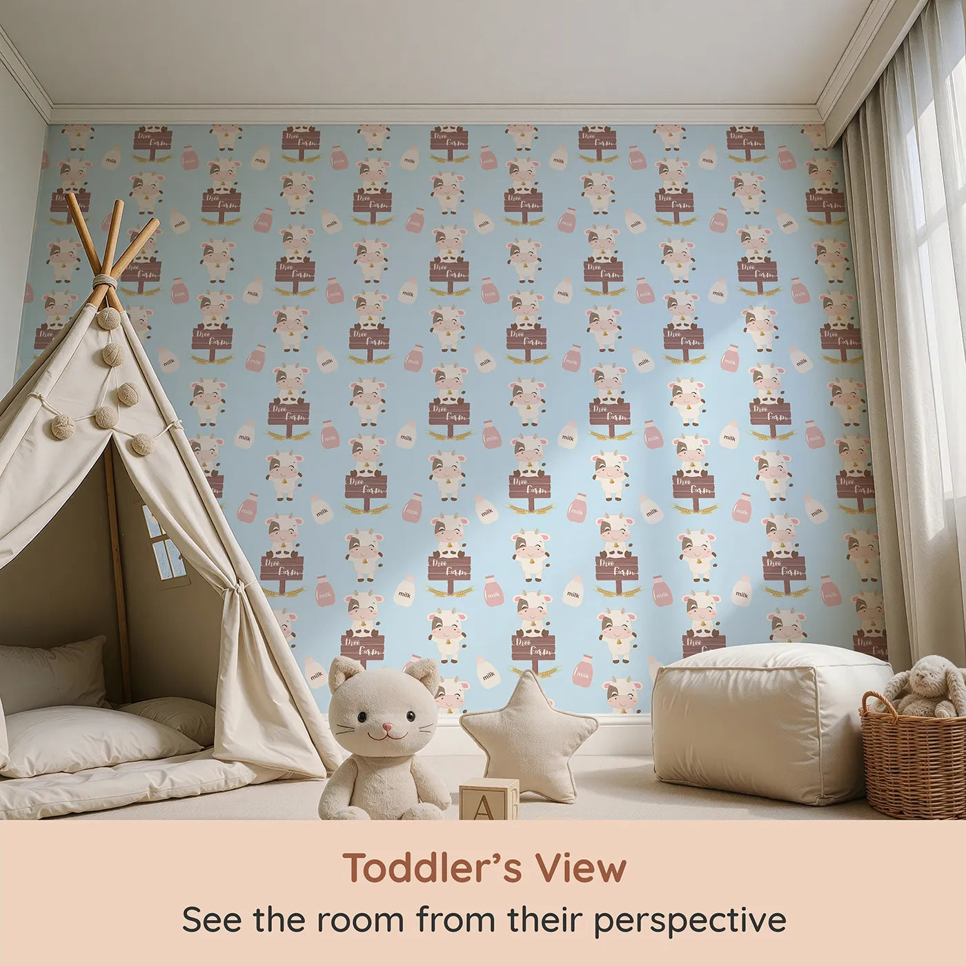 Whimsy Tots Moo Farm Friends Wallpaper in Blue (W3015D) from your child's view.Smiling cows, milk bottles, and farm signs make every wall a playful delight.