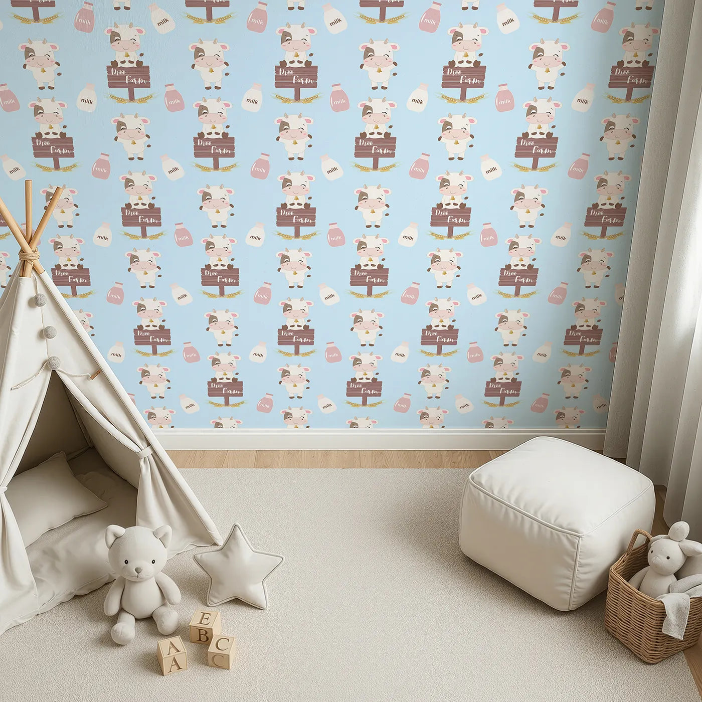 Top-Down view of Whimsy Tots' Moo Farm Friends Wallpaper in Blue (W3015D).Smiling cows, milk bottles, and farm signs make every wall a playful delight.