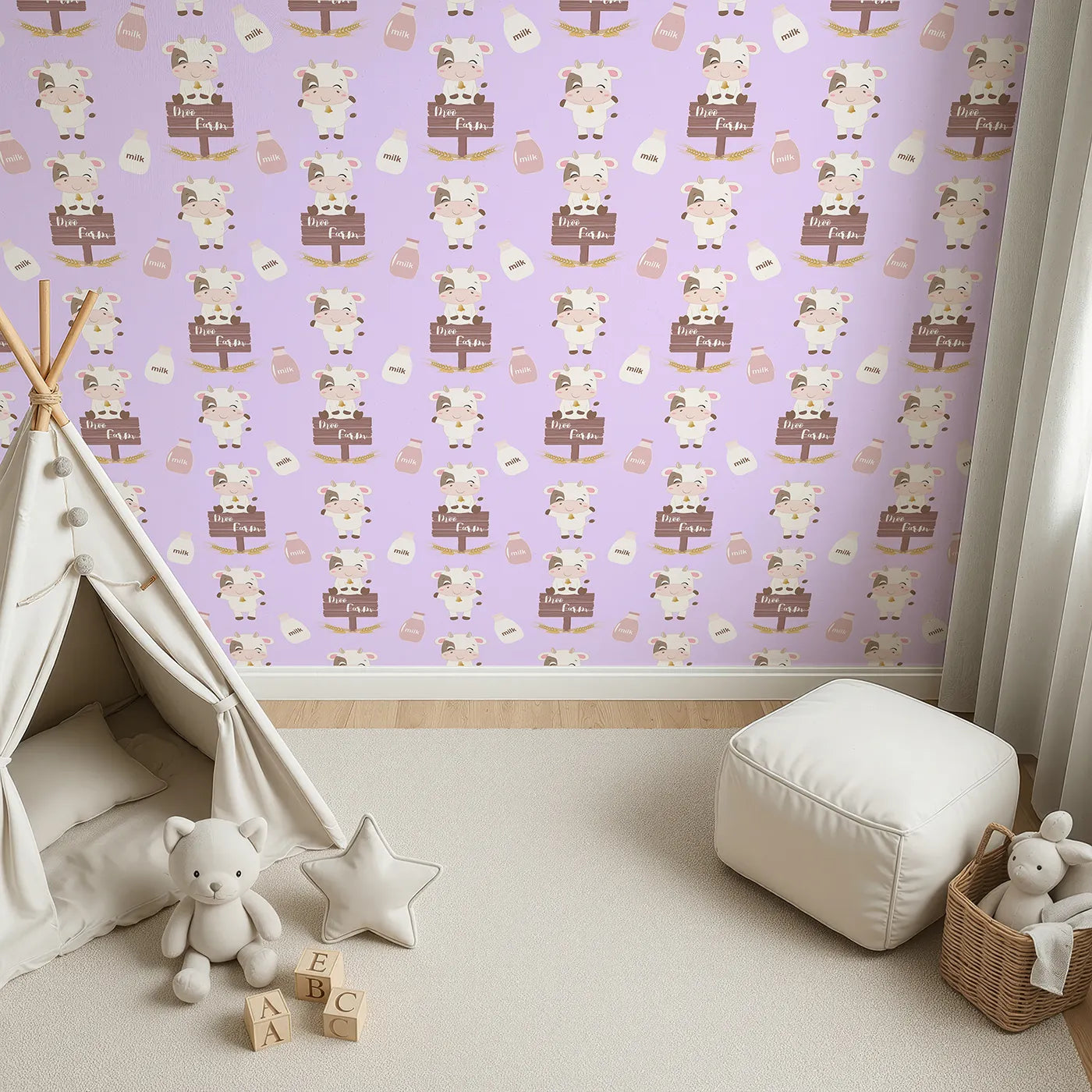 Top-Down view of Whimsy Tots' Moo Farm Friends Wallpaper in Purple (W3015E).Smiling cows, milk bottles, and farm signs make every wall a playful delight.