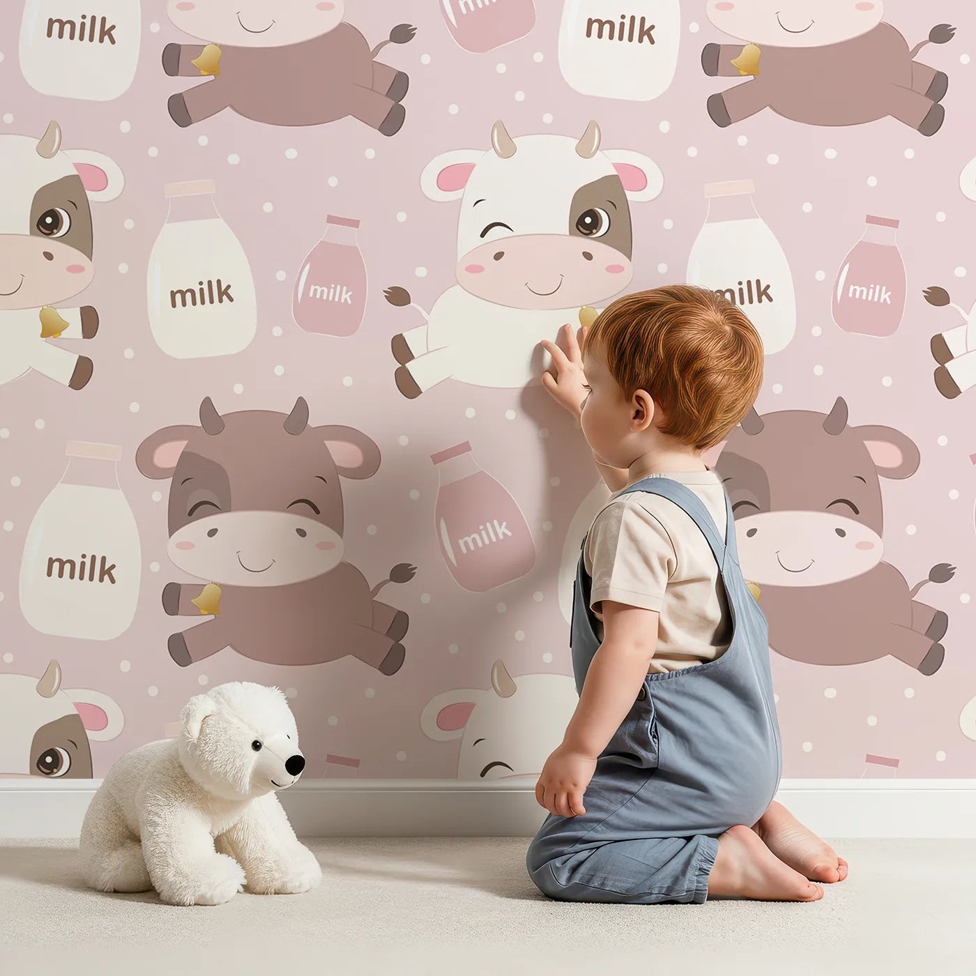 Lovely child standing in front of Whimsy Tots Moo Moo Milk Parade Wallpaper in Pink with cow, bottle, bell, dot in design.