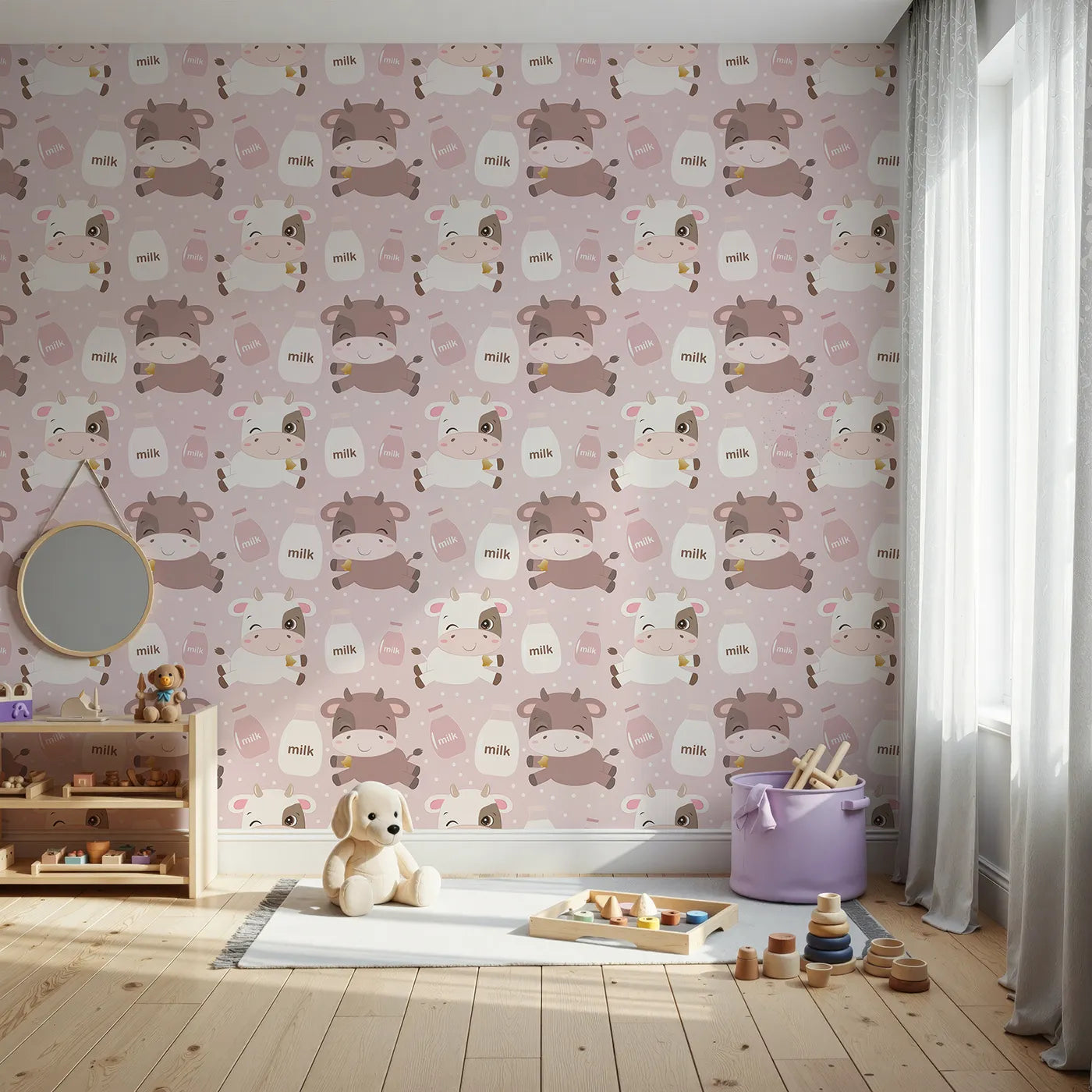 Front view of Whimsy Tots' Moo Moo Milk Parade Wallpaper in Pink